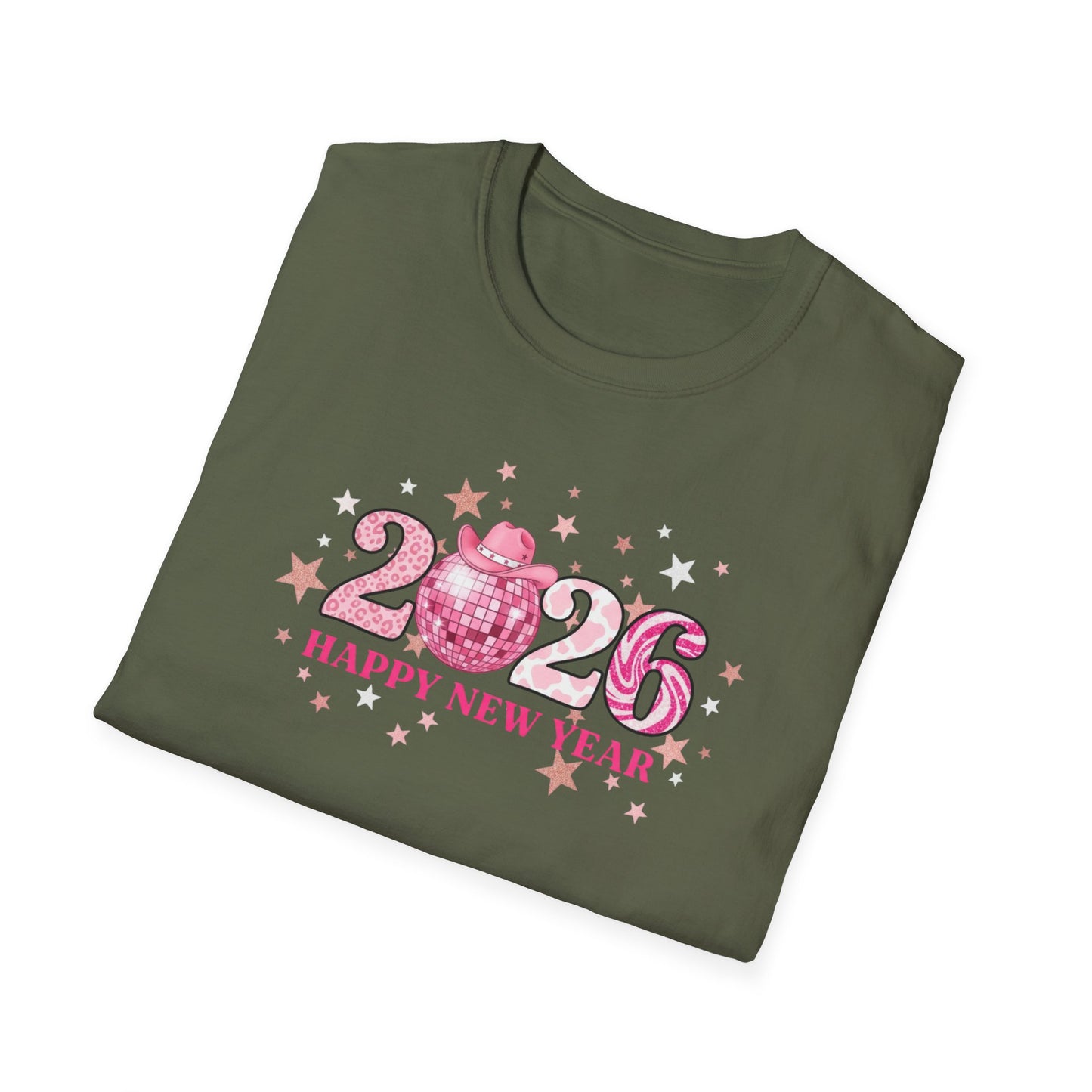 Happy New Year 2026 Pink Disco Cowgirl T-Shirt – Western New Year Shirt, Cute Pink 2026 Tee with Cowboy Hat & Stars, NYE Party Graphic Top