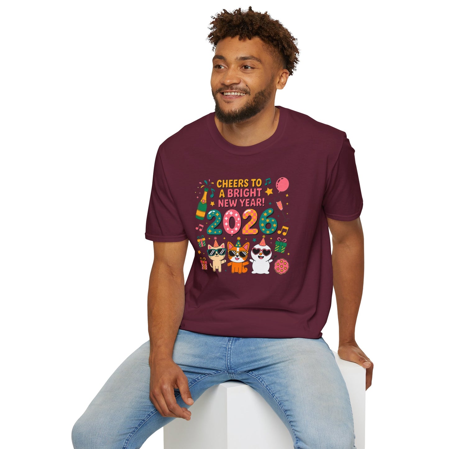 Happy New Year 2026 T-Shirt – Cute Cartoon Cats New Year Shirt, Bright Colorful NYE Party Tee, Fun 2026 Celebration Top for Cat Lovers
