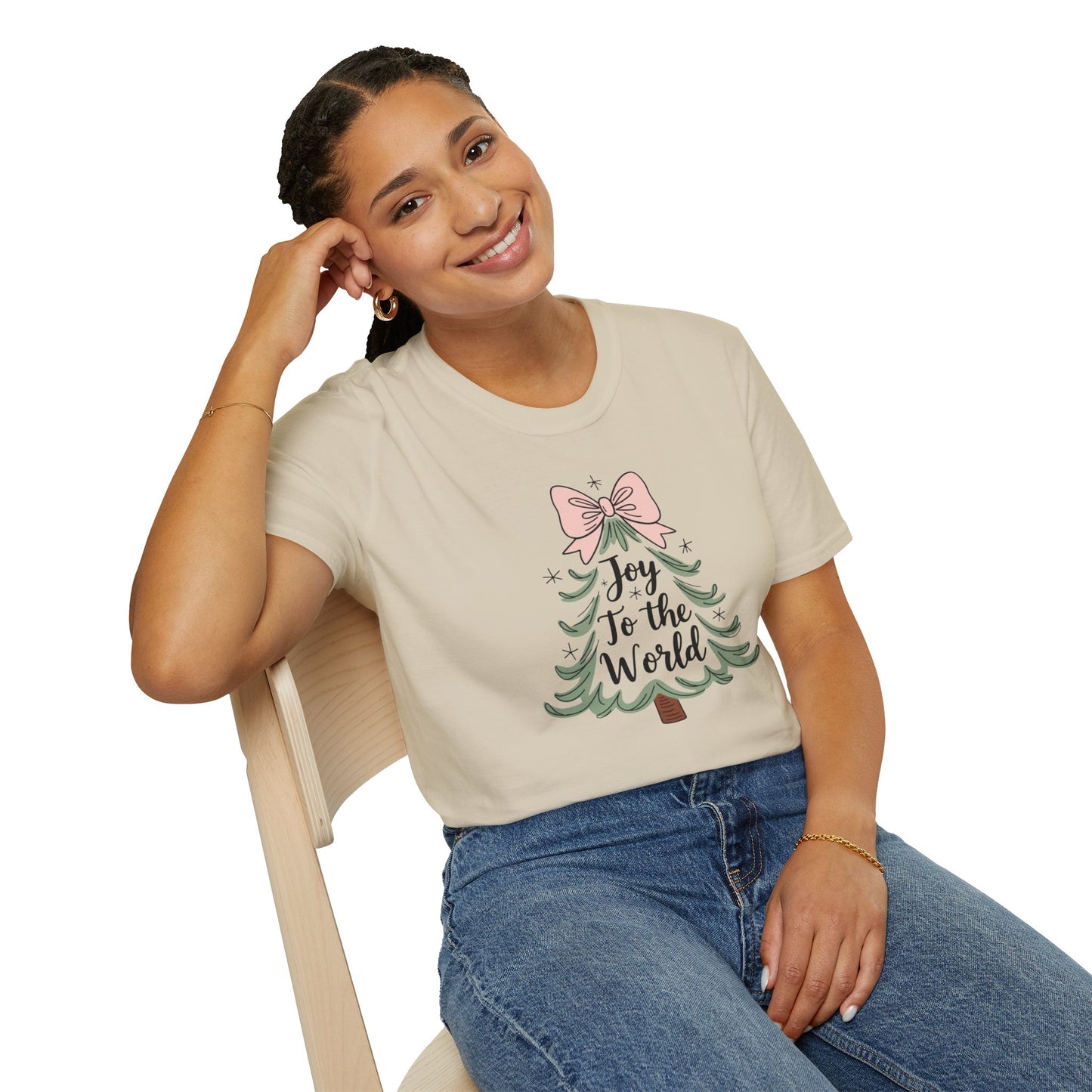 Joy to the World Christmas T-Shirt – Cute Pastel Bow Christmas Tree Tee, Festive Holiday Graphic Shirt for Women