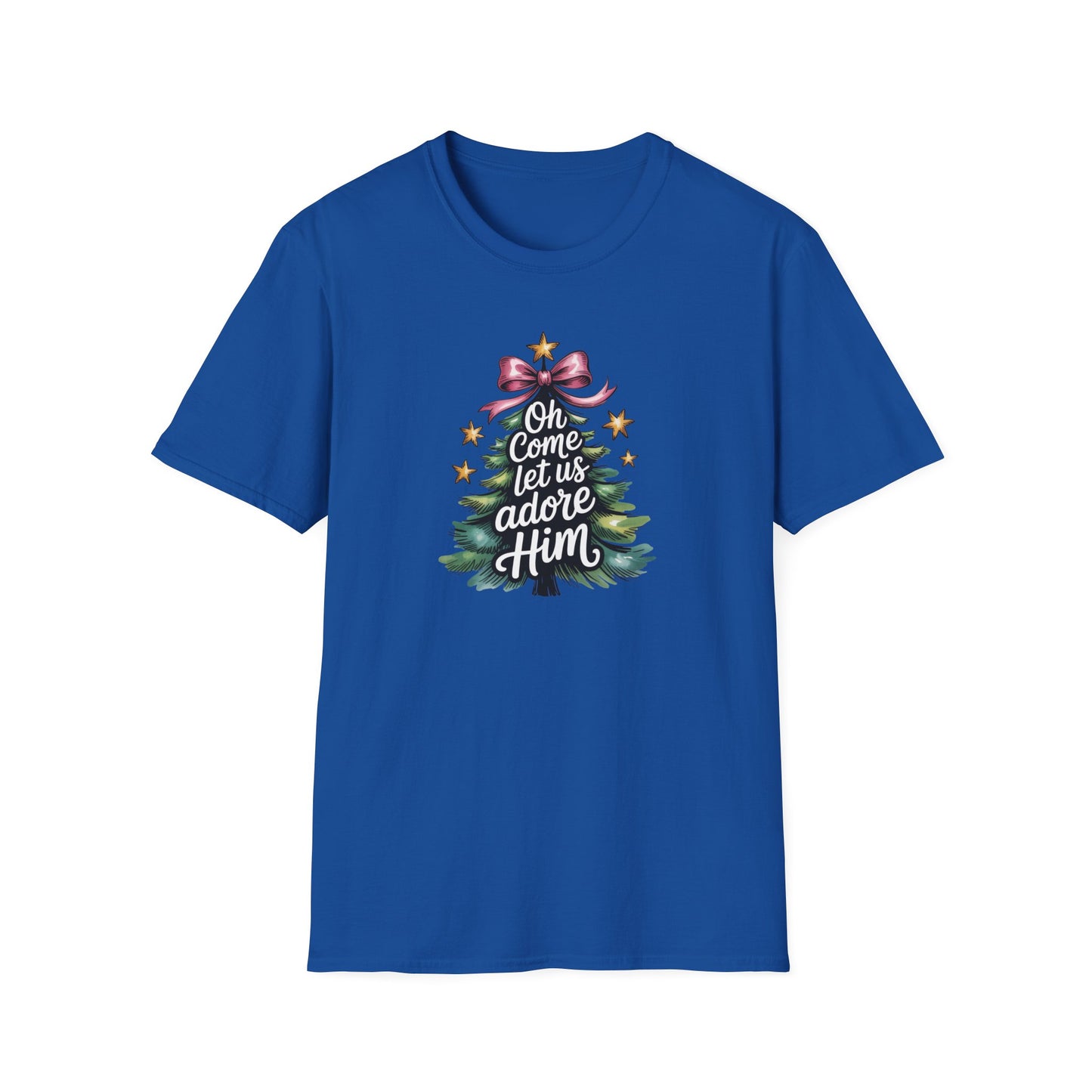Oh Come Let Us Adore Him Christmas T-Shirt – Christian Holiday Tee with Bow and Christmas Tree Design