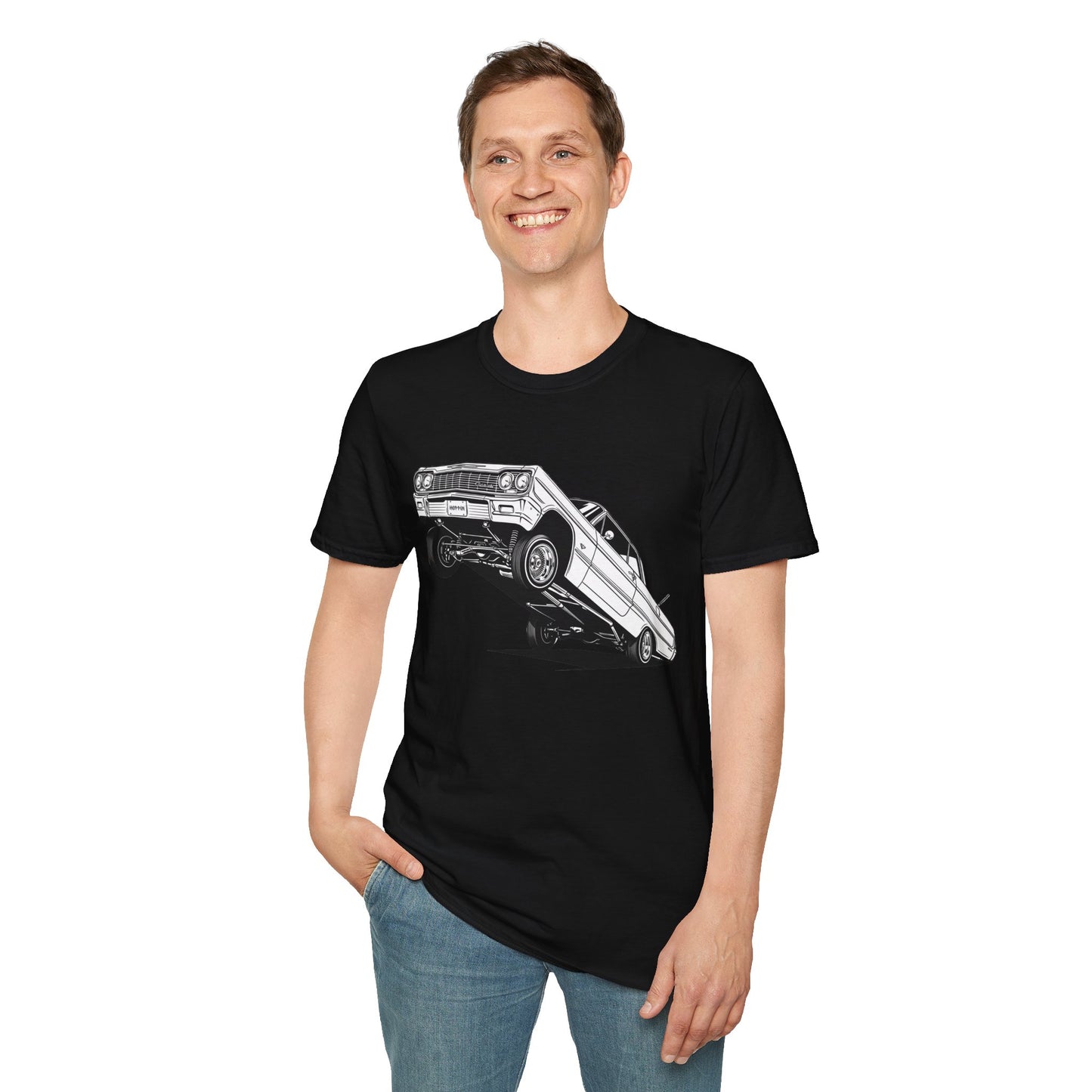 1964 Chevy Impala Hydraulics Lowrider Ink Drawing T-Shirt - Old School Hip Hop Cholo Art Tee Design - Chicano Car Club Graphic Tee