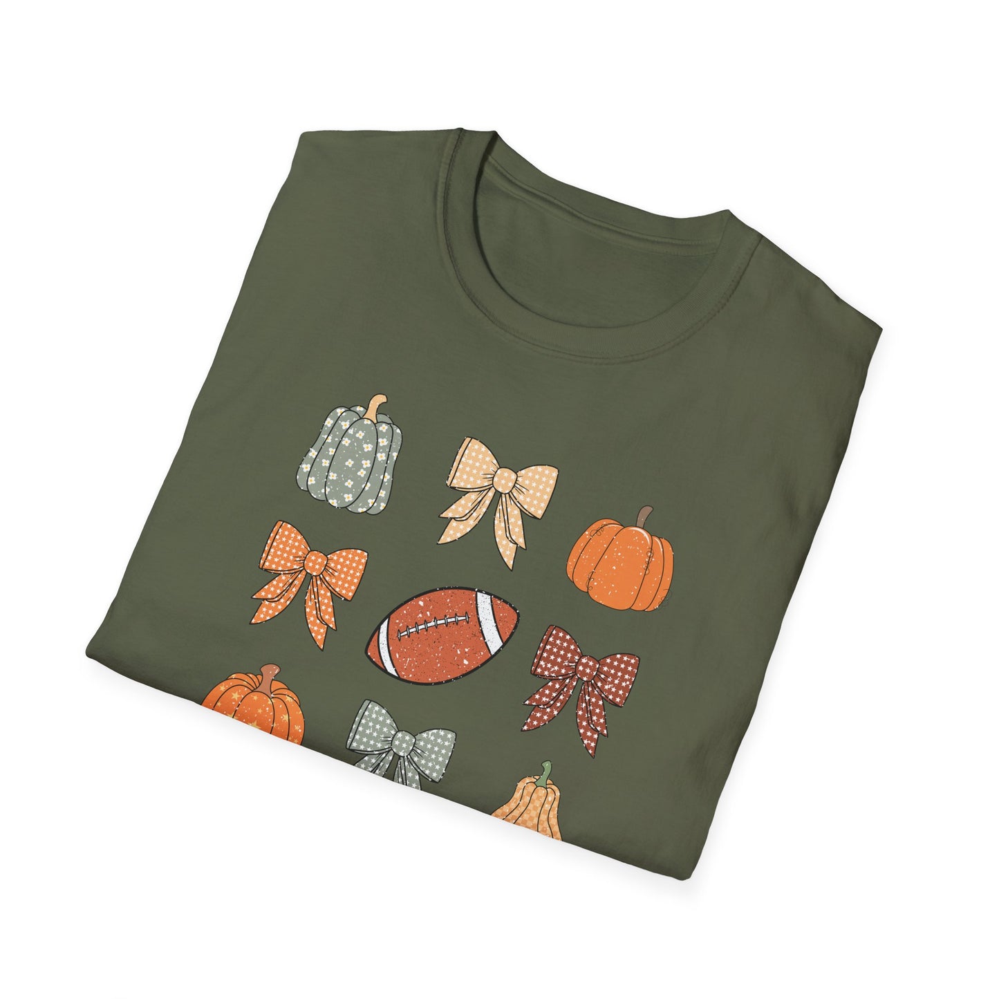 Fall Pumpkins Bow Football Unisex T-Shirt, Autumn Tee, Pumpkin Patch Shirt, Thanksgiving Top, Harvest Festival Apparel, Gif for her
