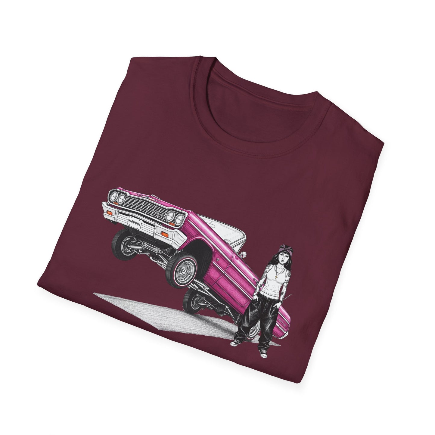 1964 Chevy Impala Hydraulics Lowrider Ink Drawing T-Shirt - Old School Hip Hop Cholo Art Tee Design - Chicano Car Club Graphic Tee