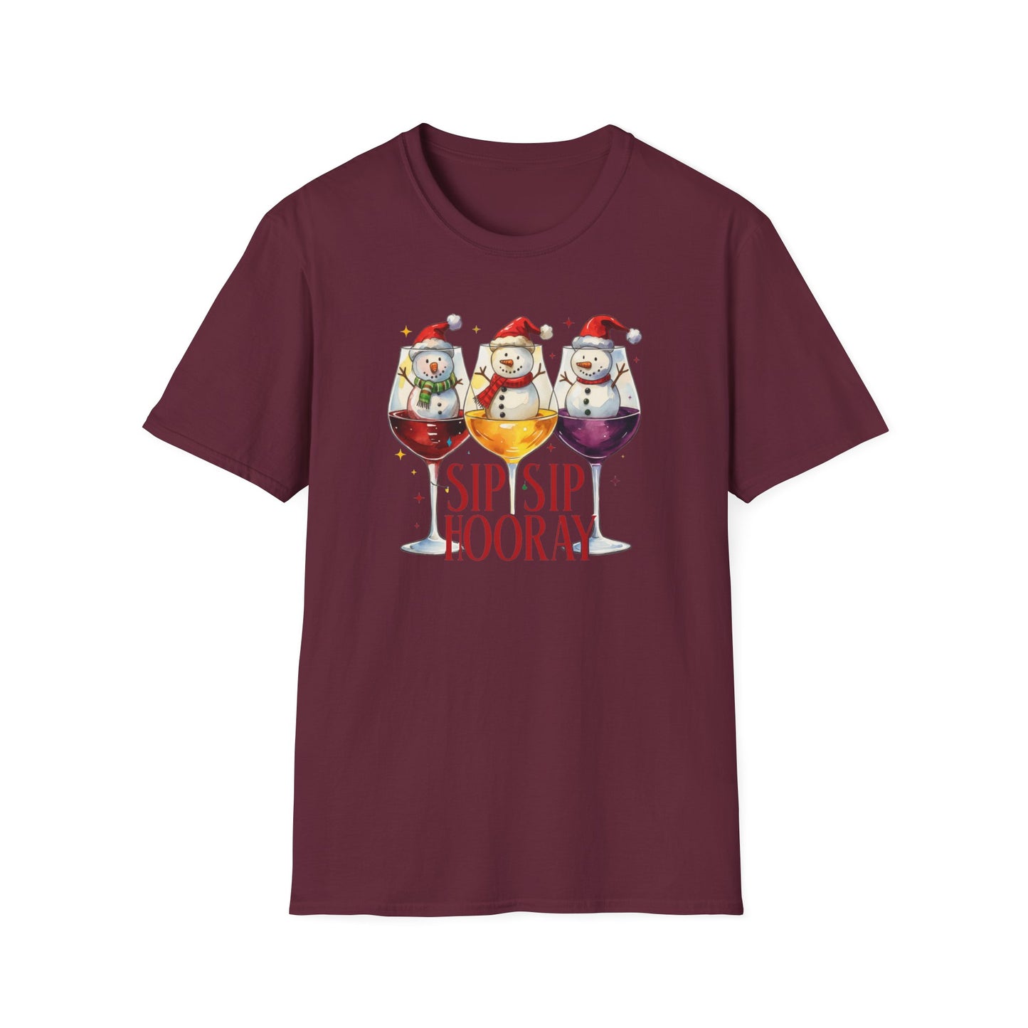 Sip Sip Hooray Christmas T-Shirt – Cute Snowman Wine Glass Holiday Tee, Funny Festive Drinking Shirt