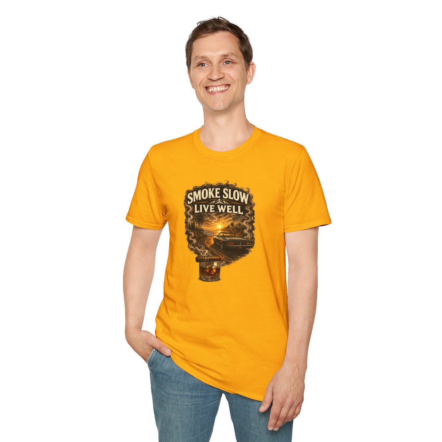 Smoke Slow Live Well Classic Car T-Shirt – Cigar, Whiskey & Sunset Cruise Tee  ⭐ Product Description