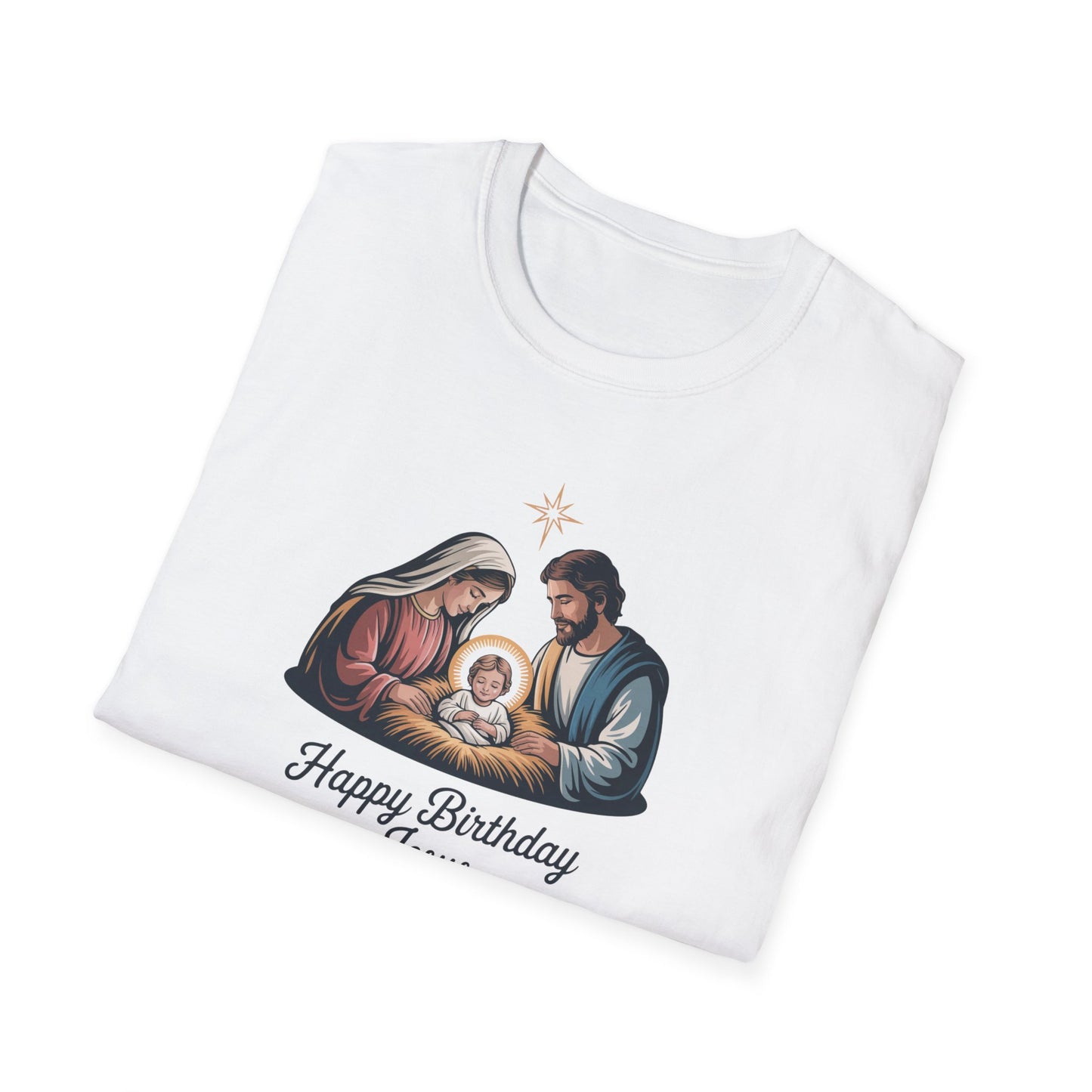 Happy Birthday Jesus Nativity T-Shirt – Christian Christmas Shirt with Mary Joseph & Baby Jesus, Faith Holiday Tee