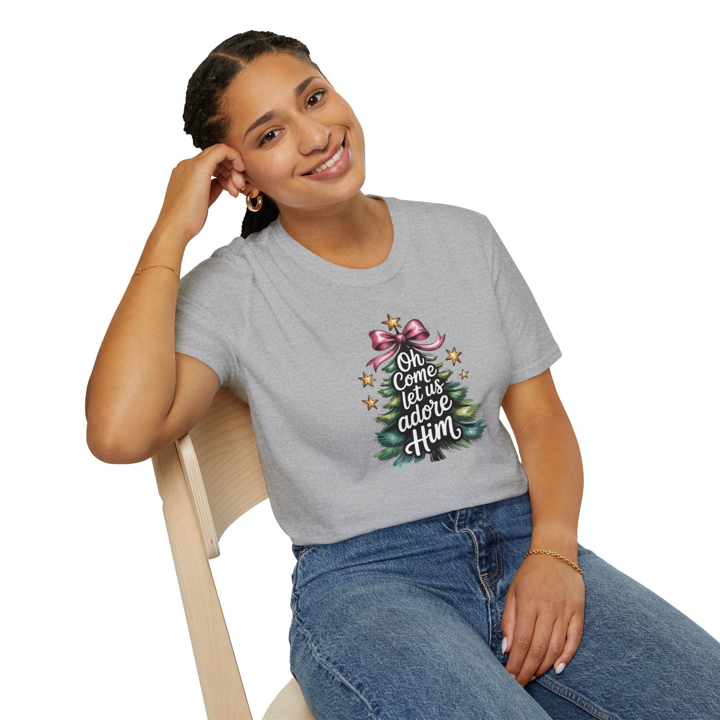 Oh Come Let Us Adore Him Christmas T-Shirt – Christian Holiday Tee with Bow and Christmas Tree Design