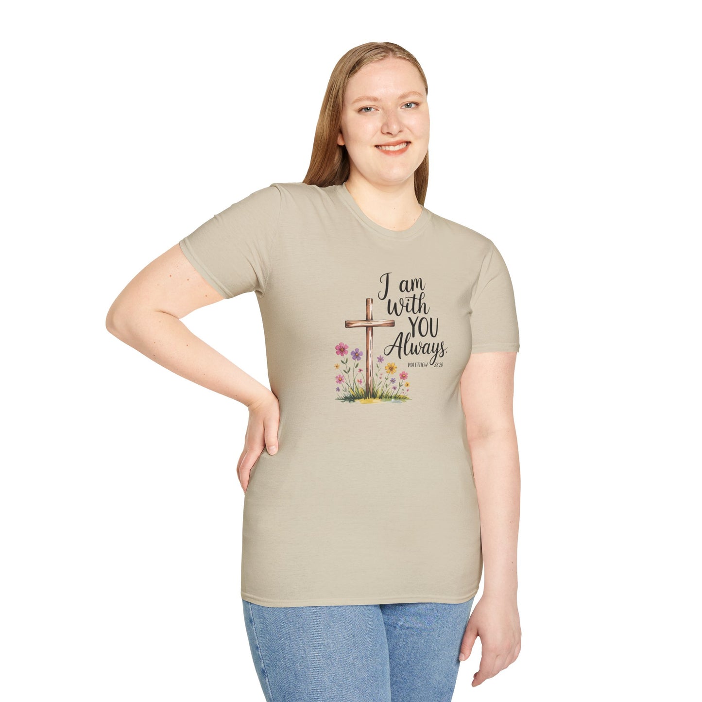 I Am With You Always Christian T-Shirt – Matthew 28:20 Scripture Tee with Cross and Flowers, Faith Inspirational Shirt