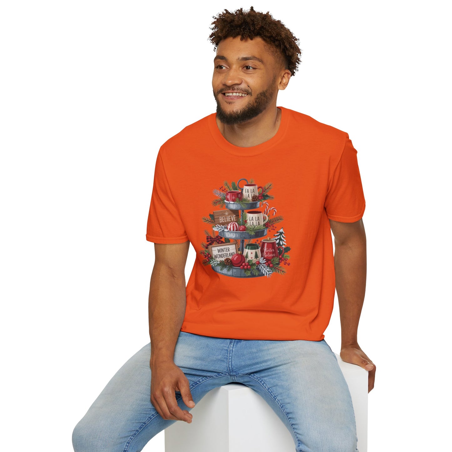 Christmas Mug Stack T-Shirt – Festive Holiday Tiered Tray Shirt with Fa La La Winter Wonderland Graphic Tee