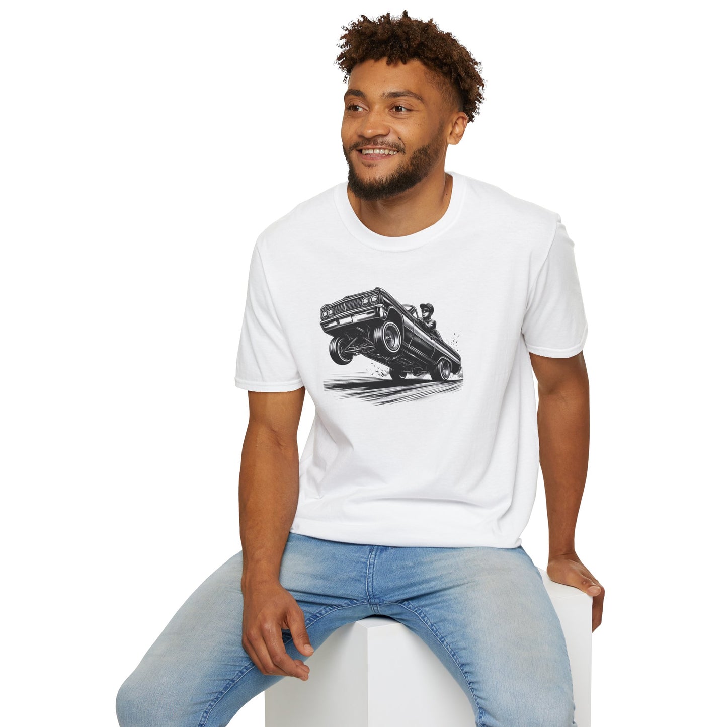 1964 Chevy Impala Hydraulics Lowrider Ink Drawing T-Shirt - Old School Hip Hop Cholo Art Tee Design - Chicano Car Club Graphic Tee