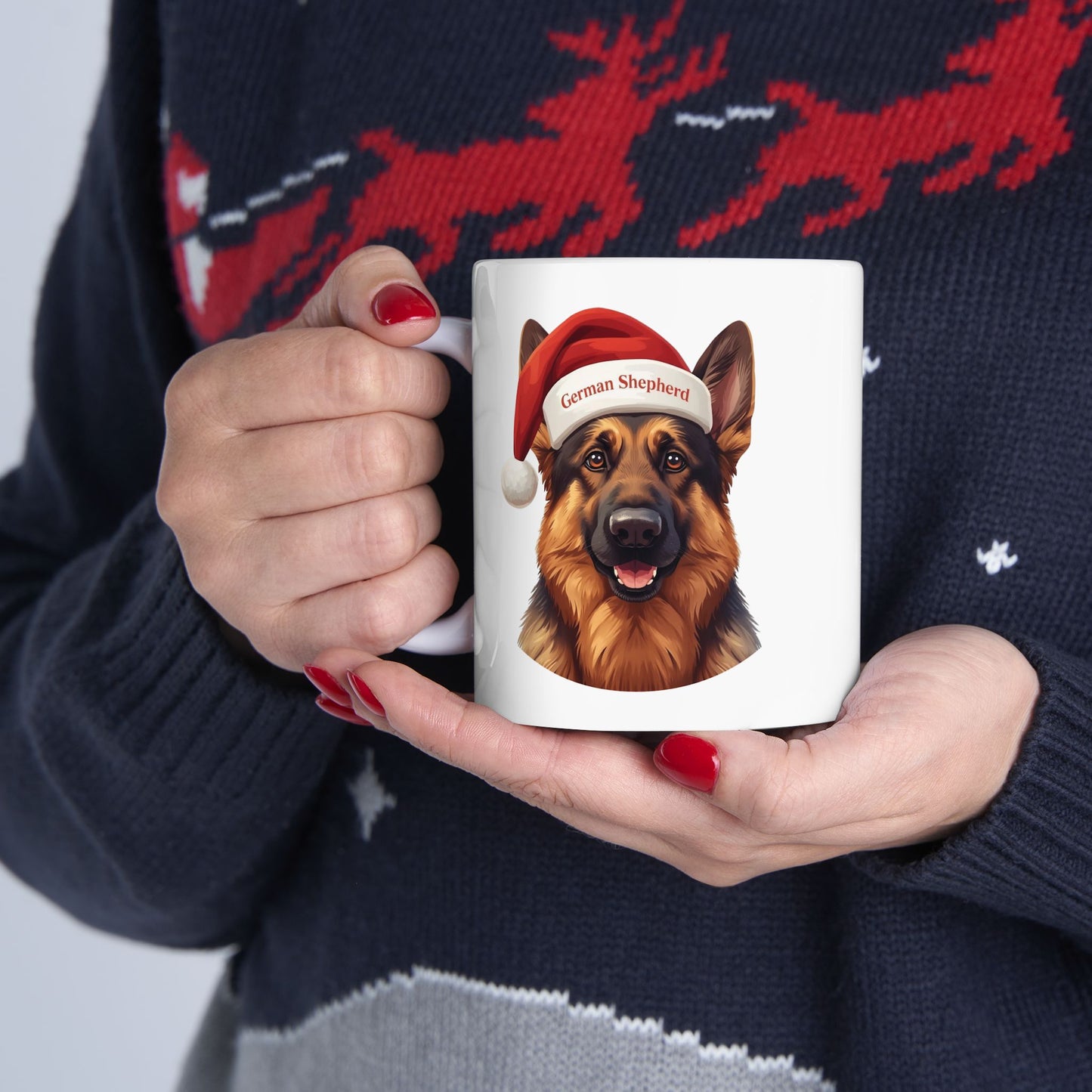 German Shepherd Holiday Portrait Mug – Cute Holiday Coffee Cup, Festive German Shepherd Ceramic Mug, Christmas Gift Idea (11oz/15oz)