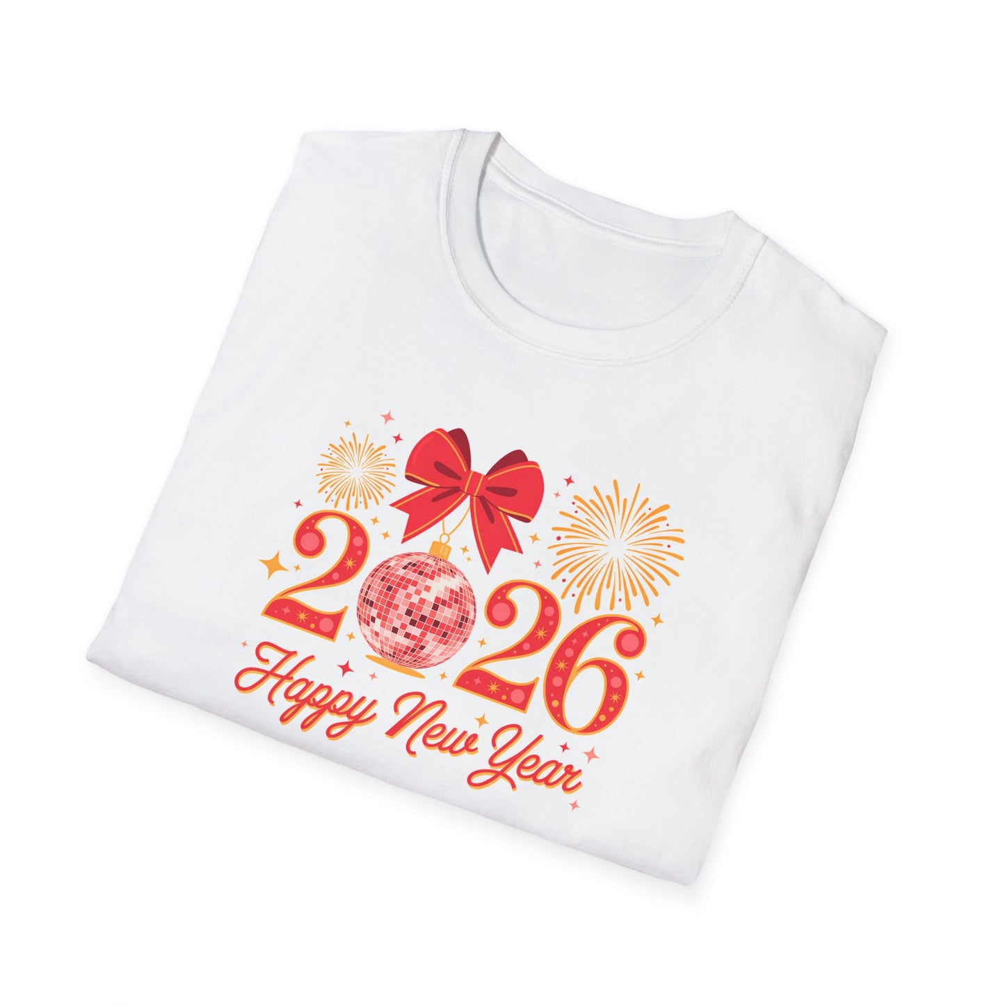 Happy New Year 2026 T-Shirt – Red & Gold Disco Ball New Year Shirt, Festive Bow and Fireworks 2026 NYE Tee, Holiday Celebration Party Top