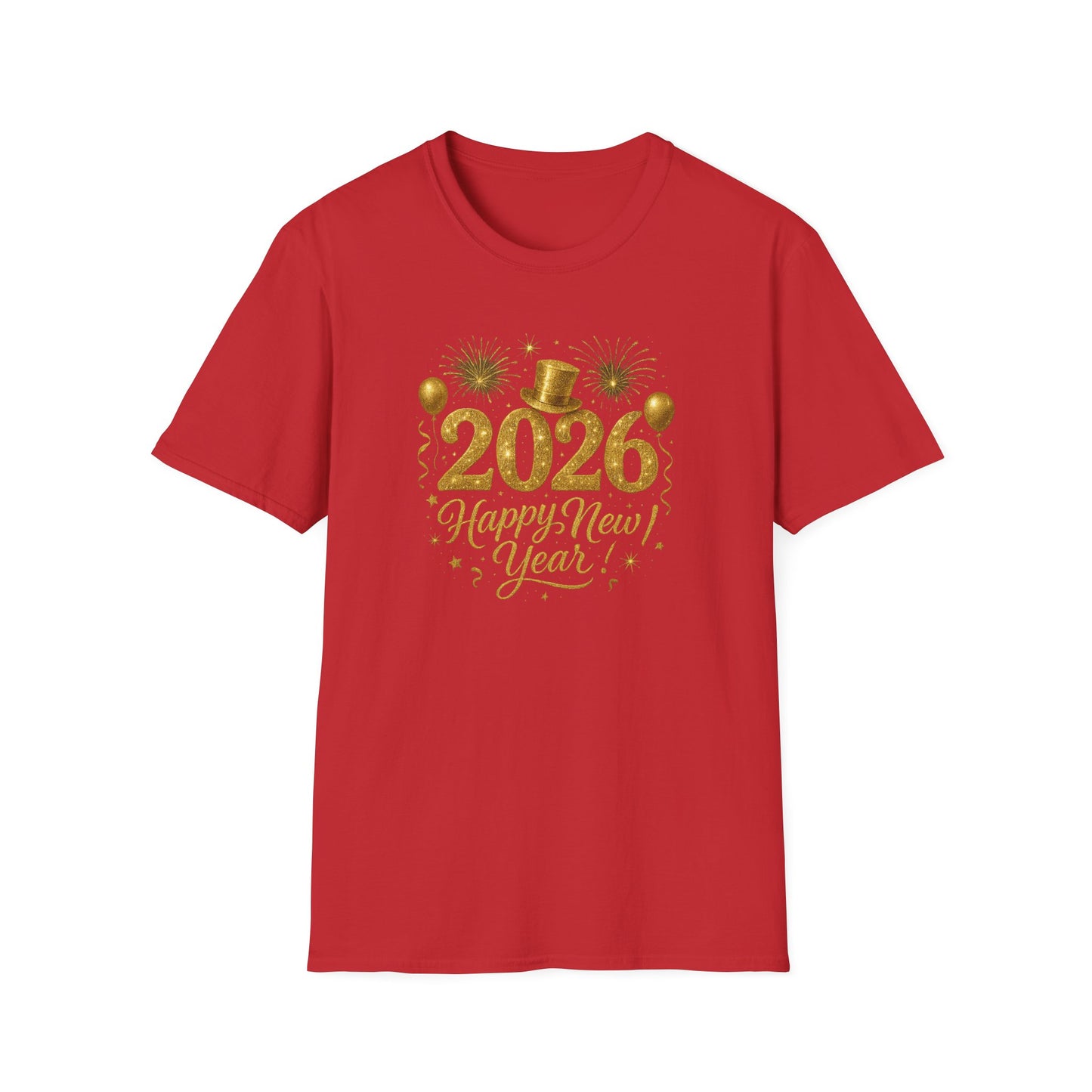Happy New Year 2026 Gold Glitter T-Shirt – Sparkly New Year’s Eve Party Shirt, Festive 2026 NYE Tee with Fireworks & Balloons, Holiday Celebration Top