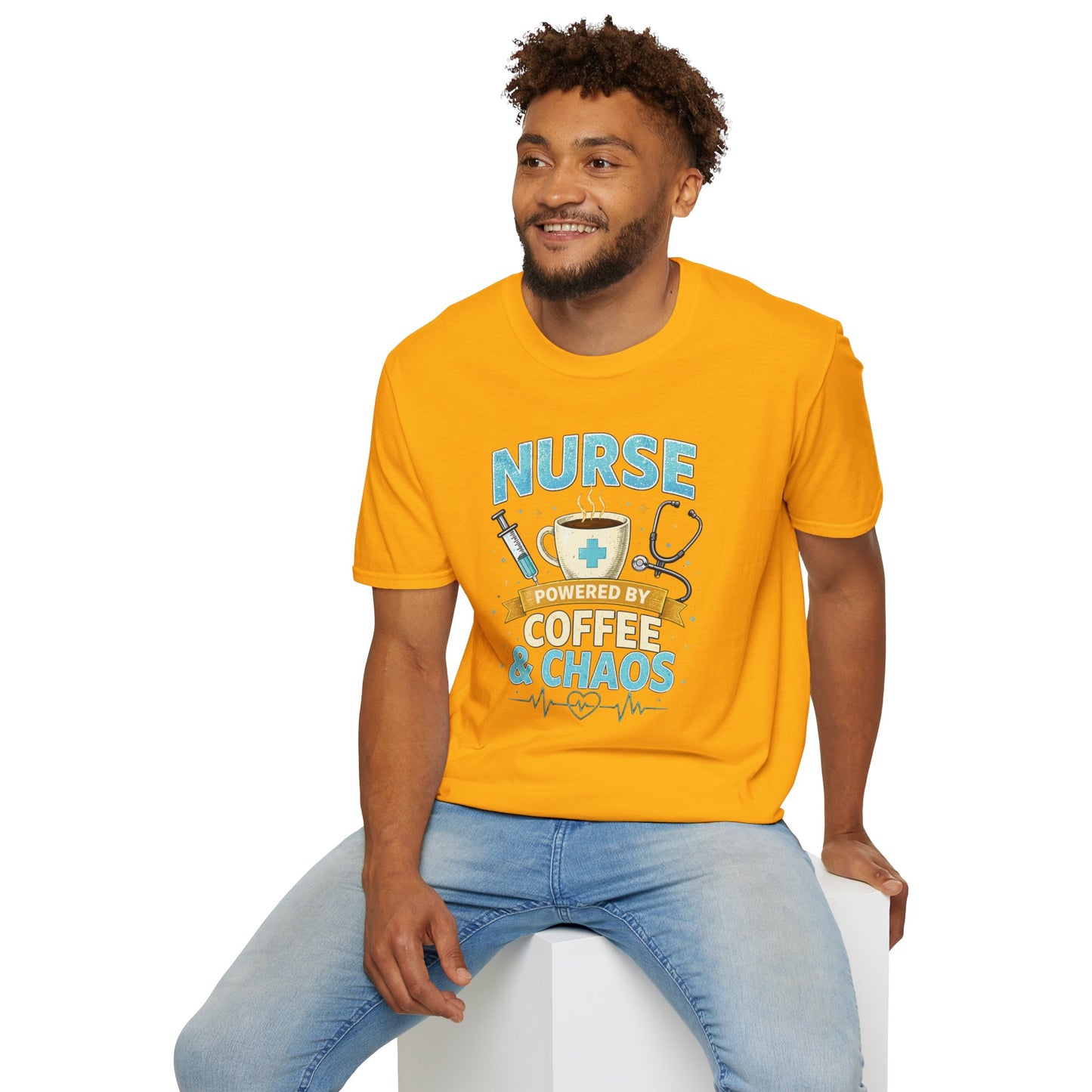 Nurse Powered by Coffee & Chaos Shirt, Funny Nurse Tee, RN CNA Gift, Nurse Life Graphic T-Shirt, Medical Worker Gift, Cute Nursing Shirt for Women Men
