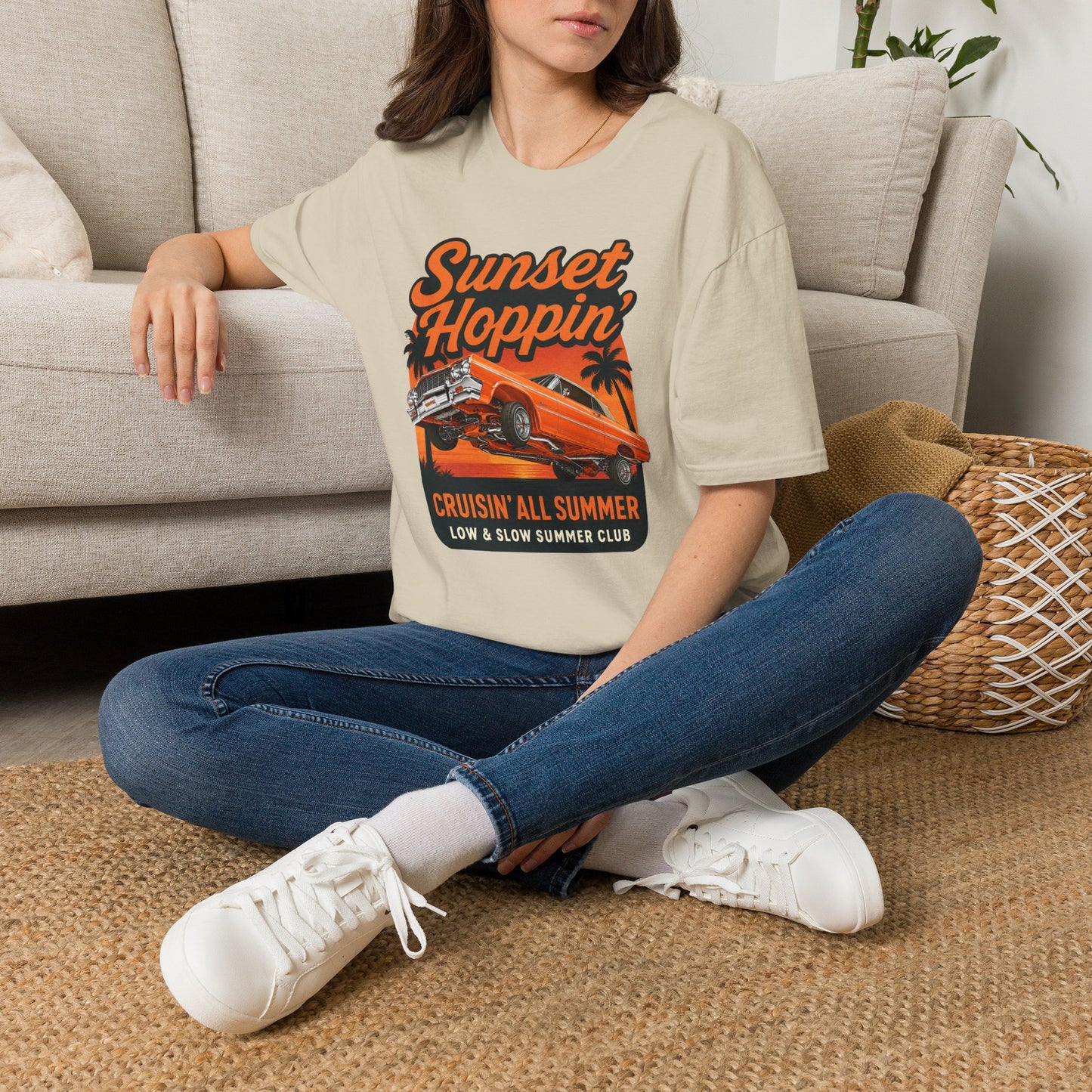 Lowrider Summer Shirt, Sunset Hoppin Tee, Cruisin All Summer Graphic Shirt, Low and Slow Car Tee, Unisex Car Lover Gift