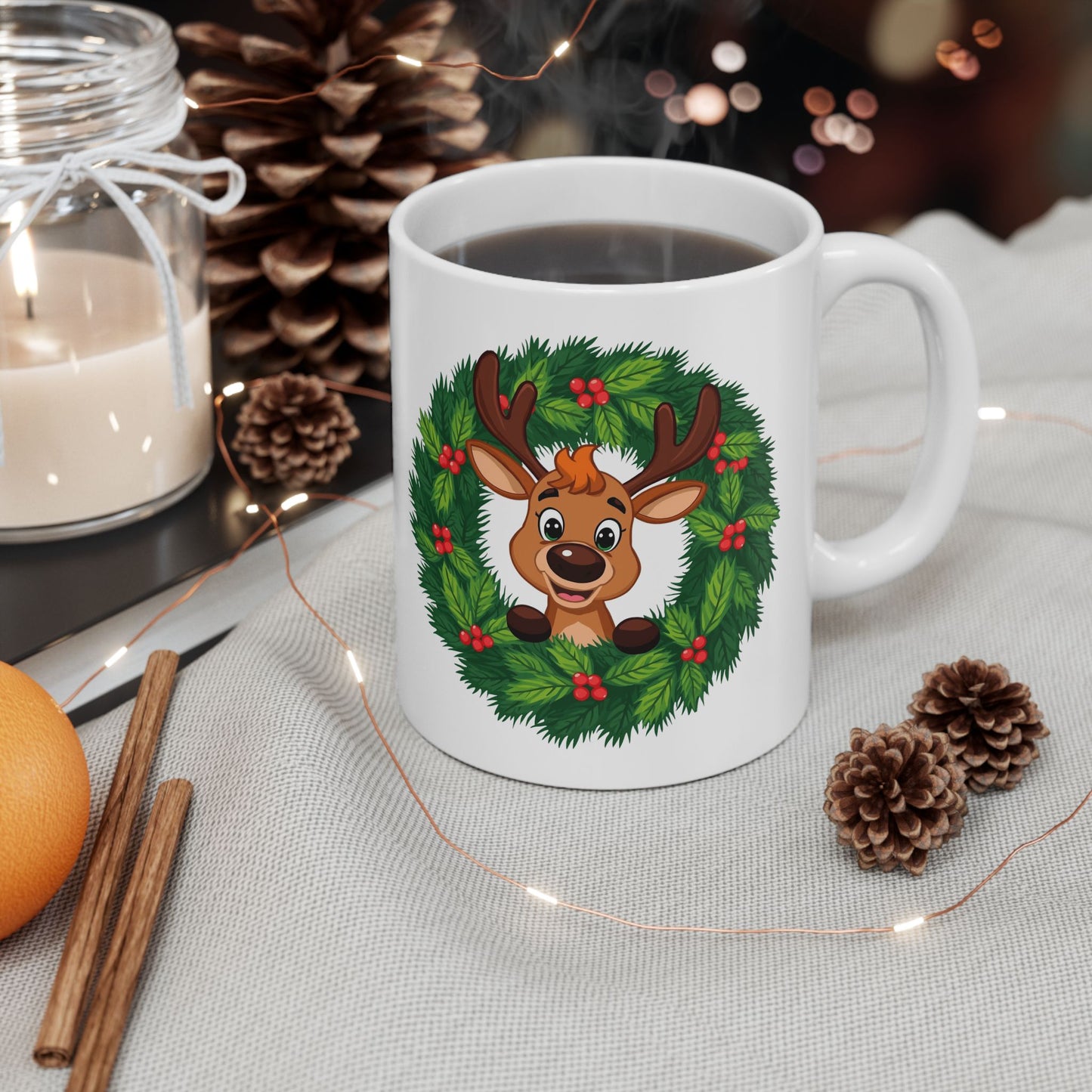 Reindeer in the Wreath Mug – Cute Holiday Coffee Cup, Festive Reindeer Ceramic Mug, Christmas Gift Idea (11oz/15oz)