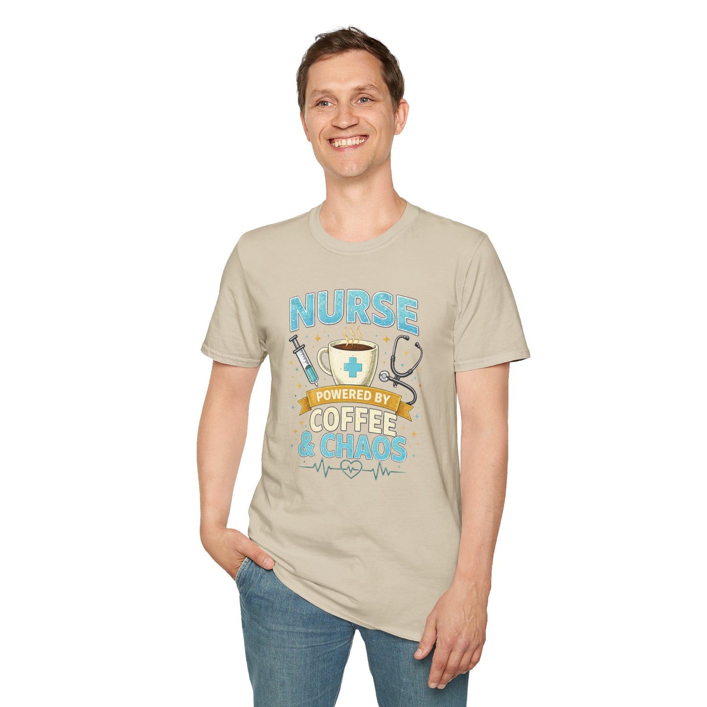 Nurse Powered by Coffee & Chaos Shirt, Funny Nurse Tee, RN CNA Gift, Nurse Life Graphic T-Shirt, Medical Worker Gift, Cute Nursing Shirt for Women Men
