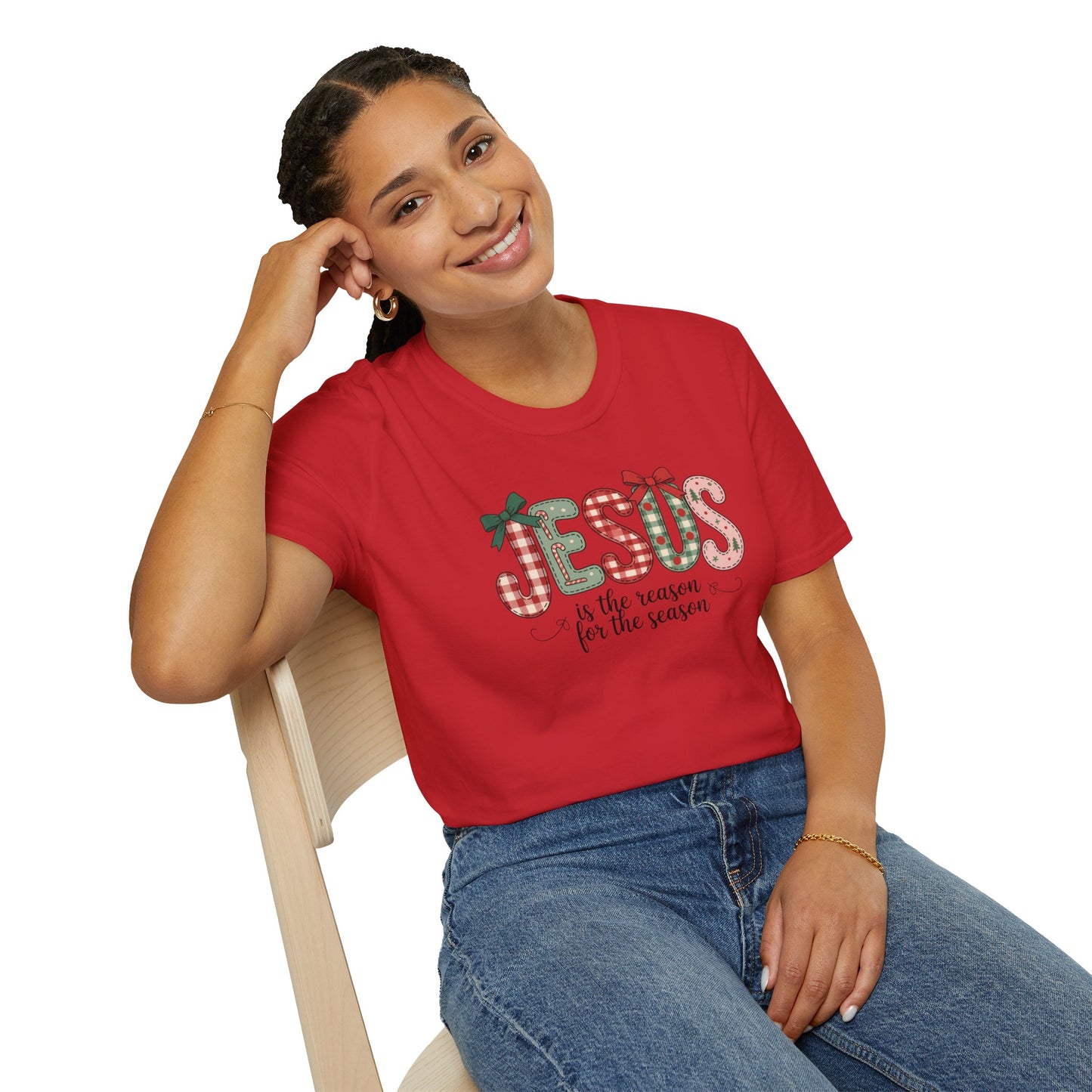 Jesus Is the Reason for the Season Christmas T-Shirt – Cute Plaid Holiday Christian Tee with Bows