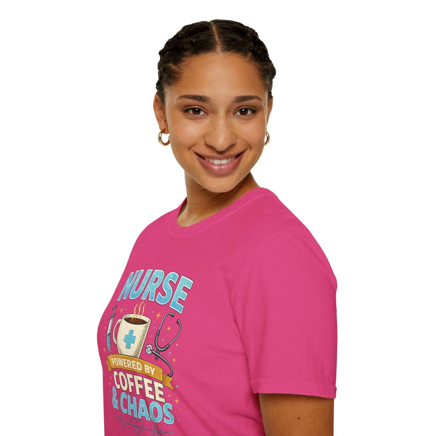 Nurse Powered by Coffee & Chaos Shirt, Funny Nurse Tee, RN CNA Gift, Nurse Life Graphic T-Shirt, Medical Worker Gift, Cute Nursing Shirt for Women Men