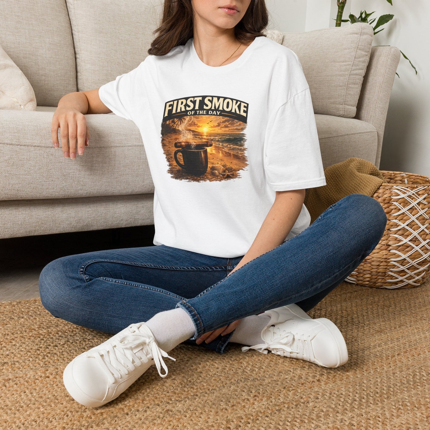 First Smoke of the Day T-Shirt – Cigar & Coffee Beach Sunrise Tee