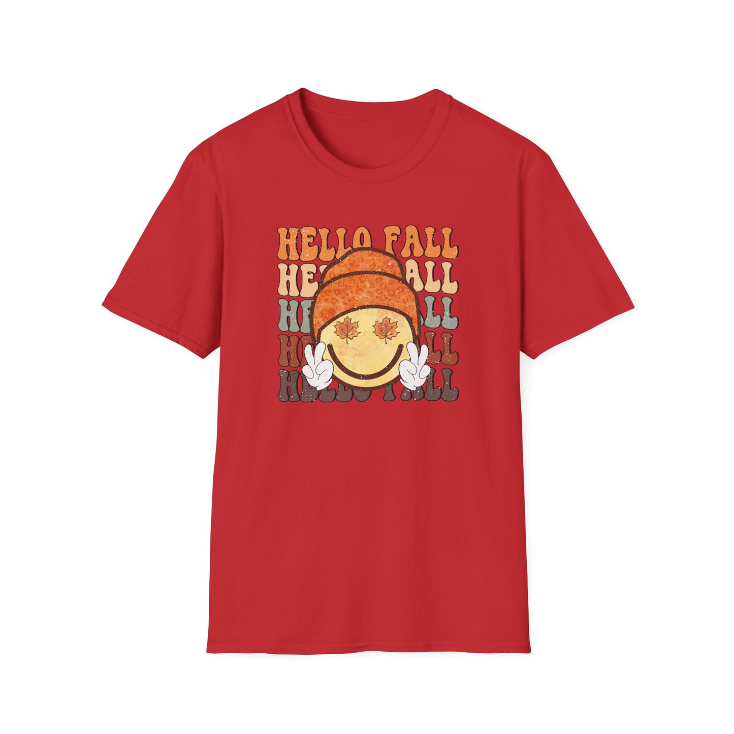 Hello Fall Happy Face Peace T-Shirt, Autumn Graphic Tee, Relaxing Casual Top, Seasonal Clothing, Thanksgiving Tee, Friendsgiving gift