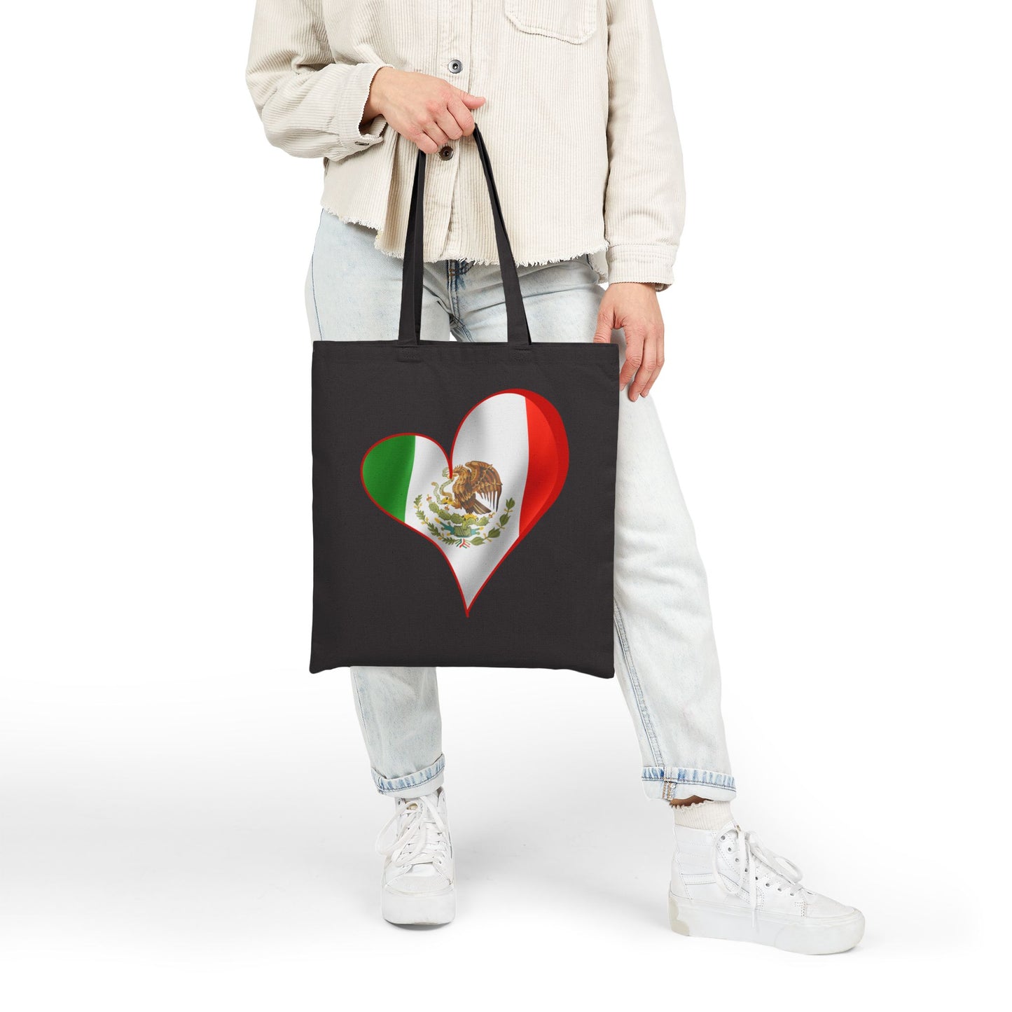 Mexico Flag Heart Tote Bag, Cotton Canvas Grocery Shopping Beach Handbag, Mexican Pride Gift, Patriotic Shoulder Bag