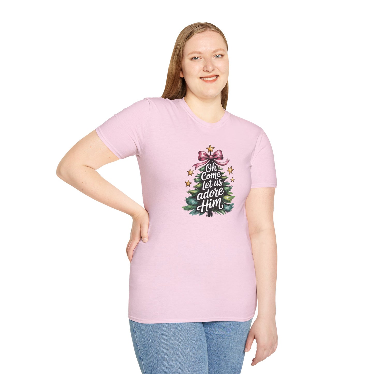 Oh Come Let Us Adore Him Christmas T-Shirt – Christian Holiday Tee with Bow and Christmas Tree Design