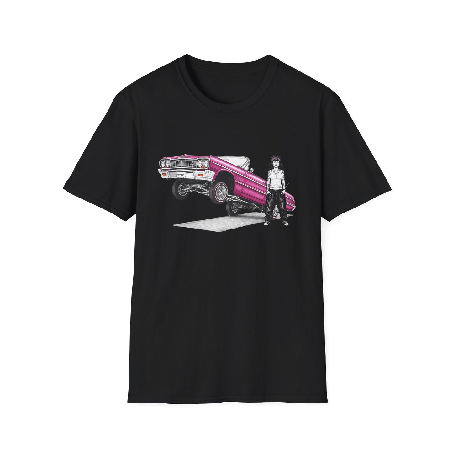 1964 Chevy Impala Hydraulics Lowrider Ink Drawing T-Shirt - Old School Hip Hop Cholo Art Tee Design - Chicano Car Club Graphic Tee
