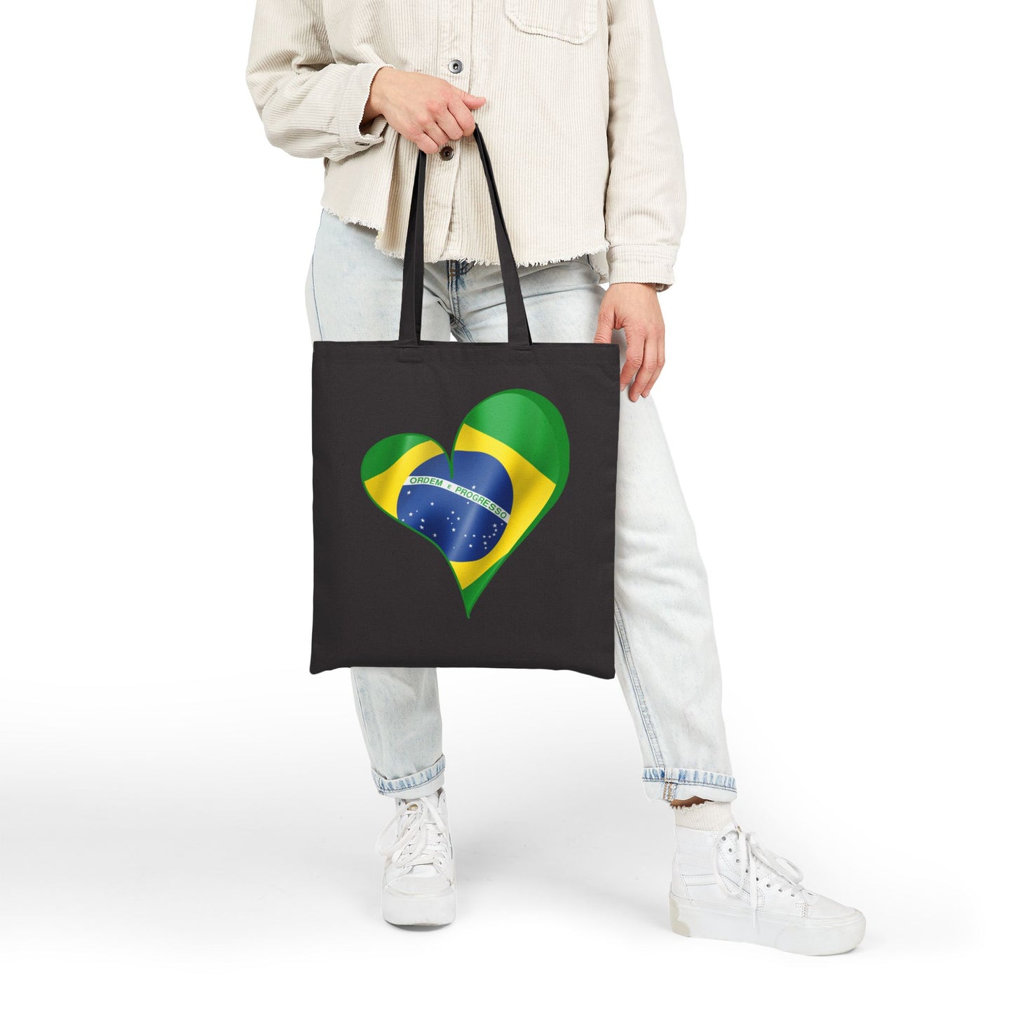 Brazil Flag Heart Tote Bag, Cotton Canvas Grocery Shopping Beach Handbag, Brazilian Pride Gift, Patriotic Shoulder Bag