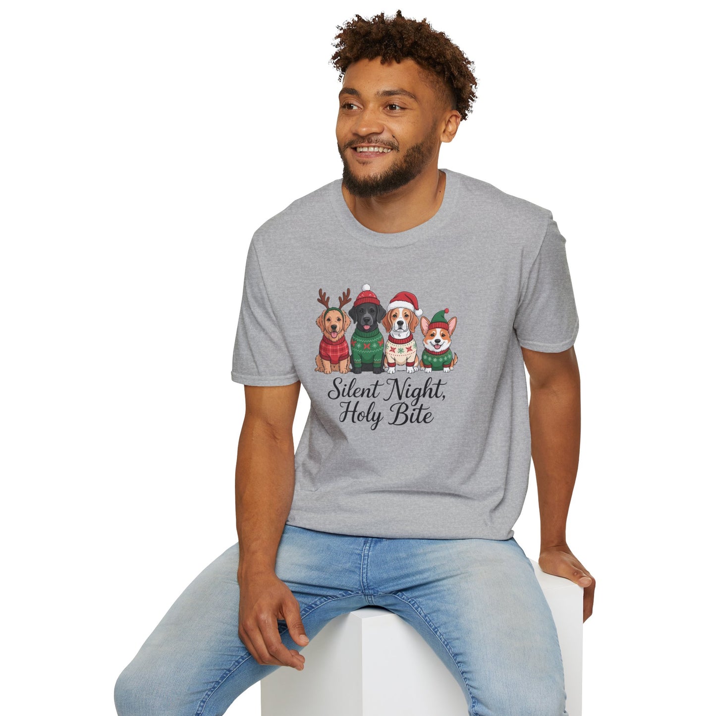 Silent Night Holy Bite Christmas Dog T-Shirt – Cute Holiday Puppy Sweater Tee, Funny Christmas Dog Lover Shirt