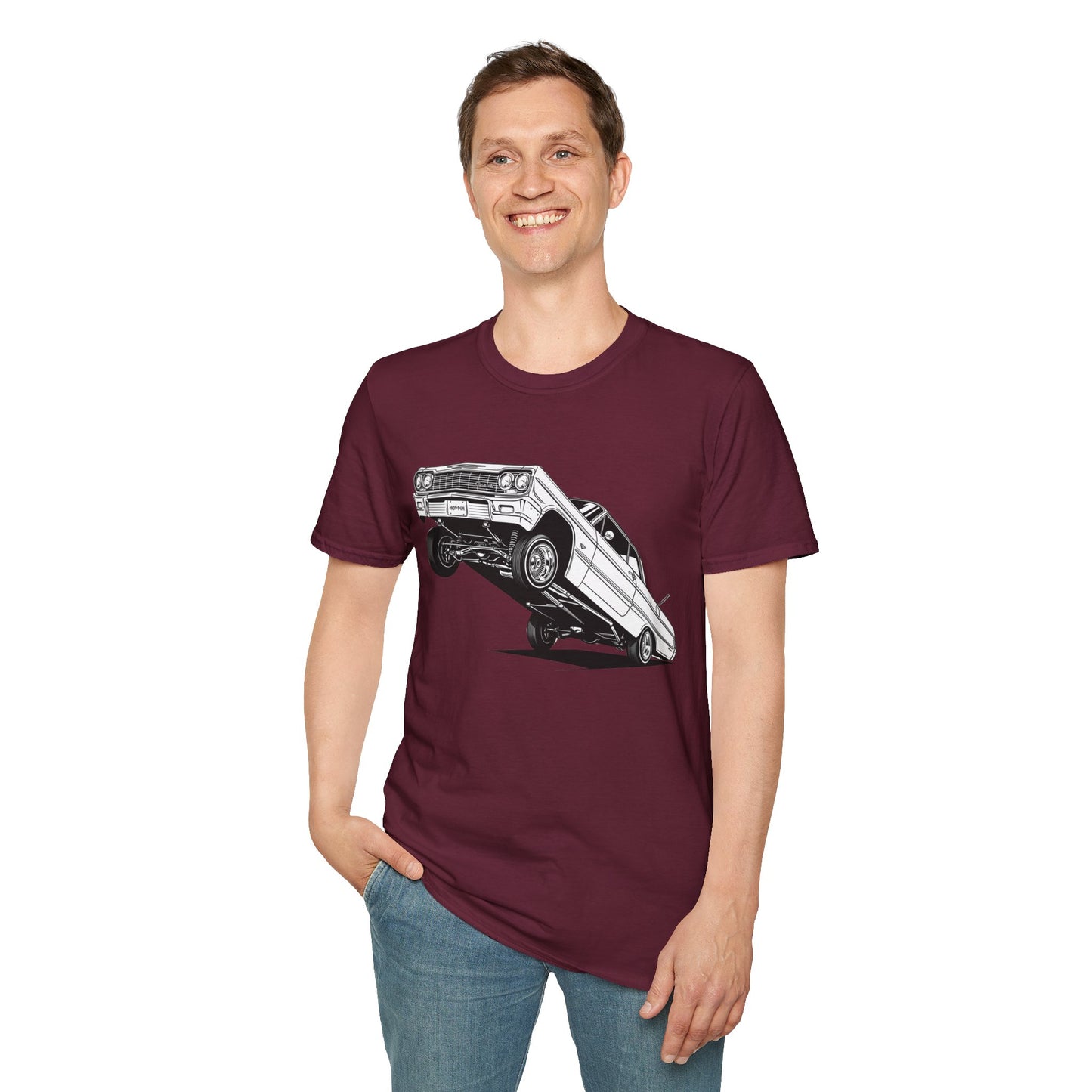 1964 Chevy Impala Hydraulics Lowrider Ink Drawing T-Shirt - Old School Hip Hop Cholo Art Tee Design - Chicano Car Club Graphic Tee