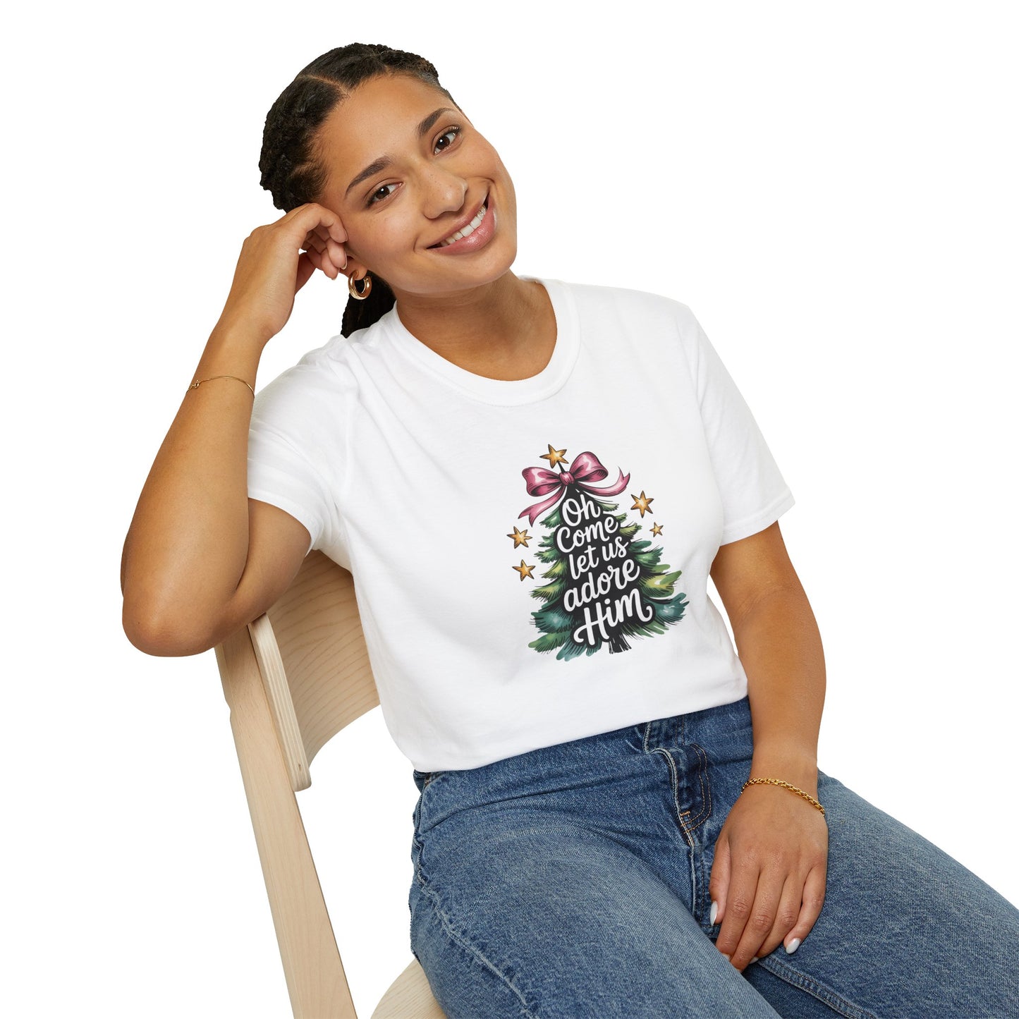 Oh Come Let Us Adore Him Christmas T-Shirt – Christian Holiday Tee with Bow and Christmas Tree Design