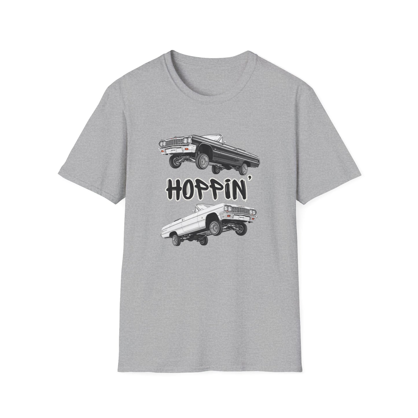 1964 Chevy Impala Hydraulics Lowrider Hoppin' Ink Drawing T-Shirt - Old School Hip Hop Cholo Art Tee Design - Chicano Car Club Graphic Tee