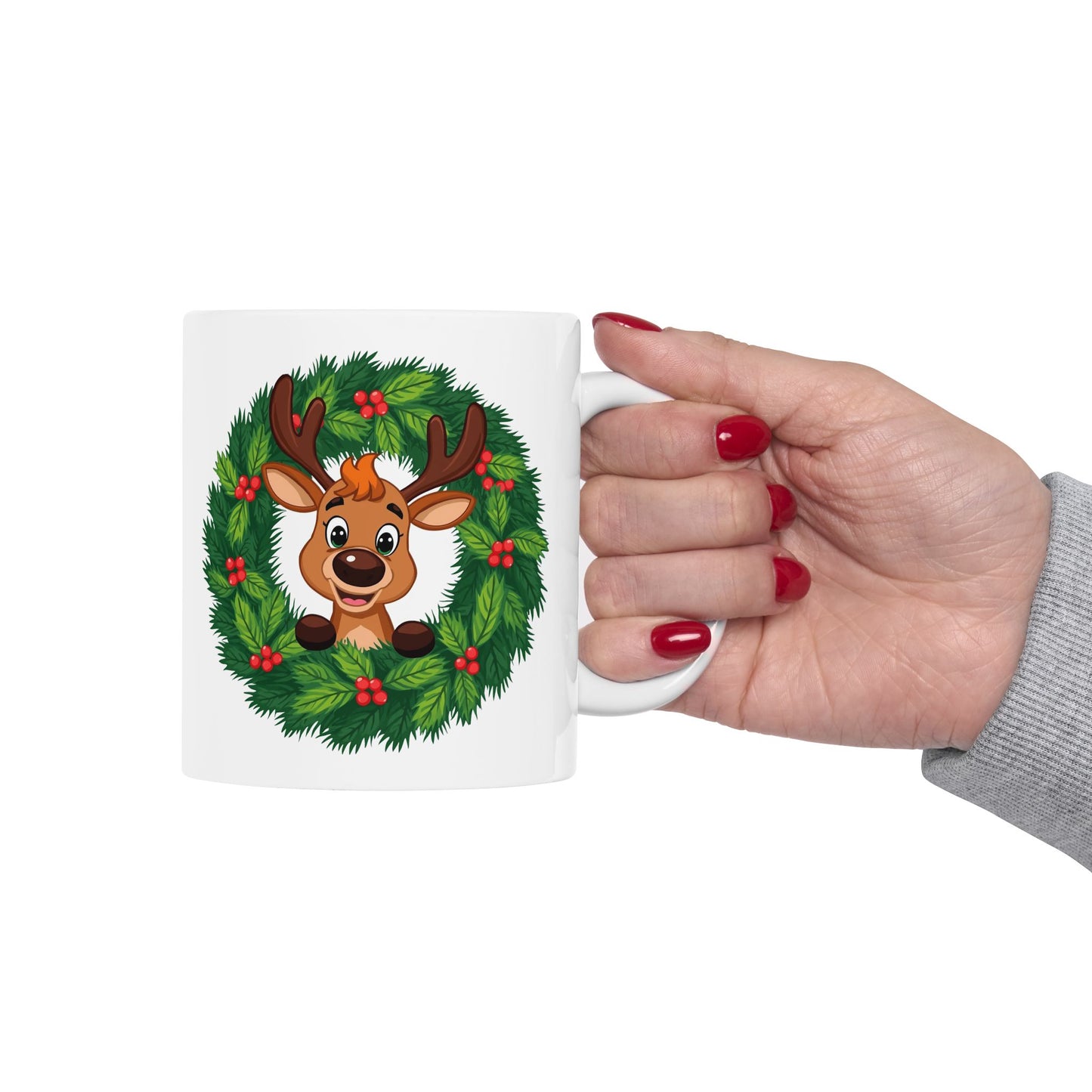 Reindeer in the Wreath Mug – Cute Holiday Coffee Cup, Festive Reindeer Ceramic Mug, Christmas Gift Idea (11oz/15oz)
