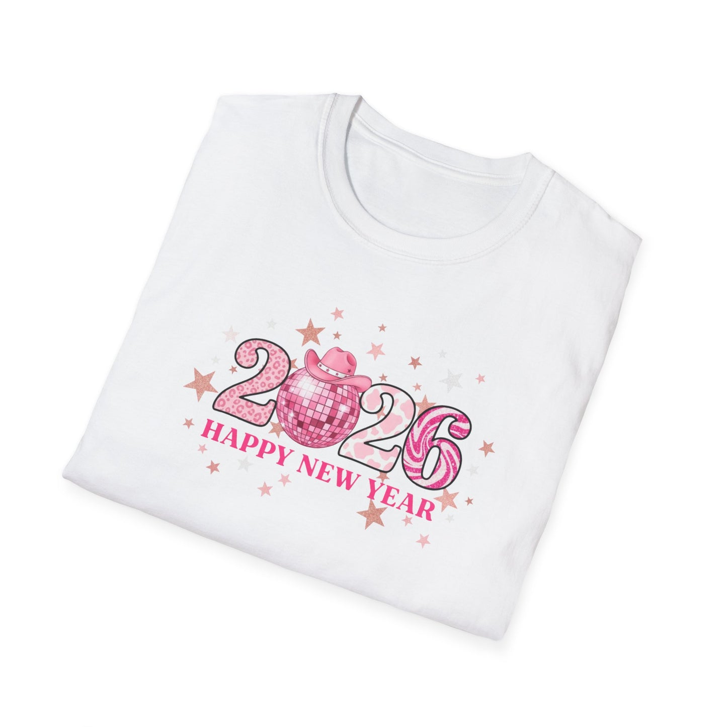 Happy New Year 2026 Pink Disco Cowgirl T-Shirt – Western New Year Shirt, Cute Pink 2026 Tee with Cowboy Hat & Stars, NYE Party Graphic Top