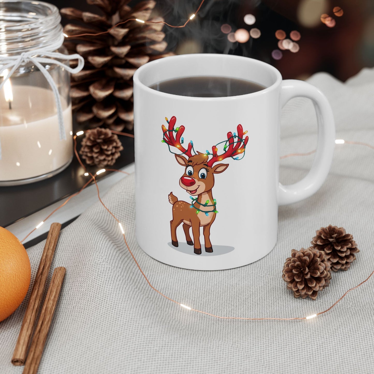Reindeer Christmas Lights Mug – Cute Holiday Coffee Cup, Festive Reindeer Ceramic Mug, Christmas Gift Idea (11oz/15oz)