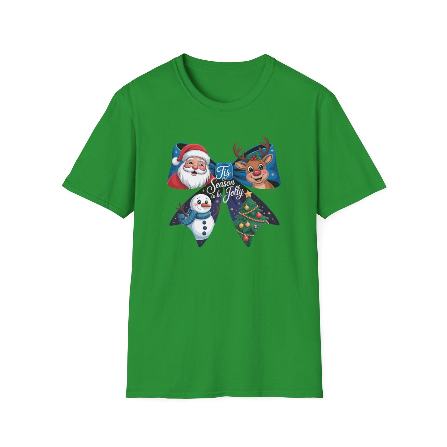 ’Tis the Season to Be Jolly Christmas T-Shirt – Cute Santa Reindeer Snowman & Christmas Tree Bow Holiday Tee