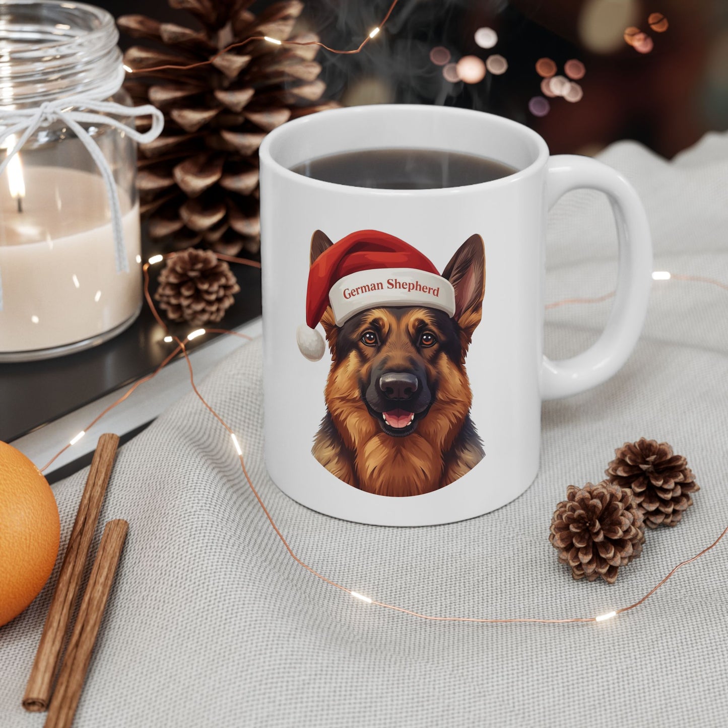 German Shepherd Holiday Portrait Mug – Cute Holiday Coffee Cup, Festive German Shepherd Ceramic Mug, Christmas Gift Idea (11oz/15oz)