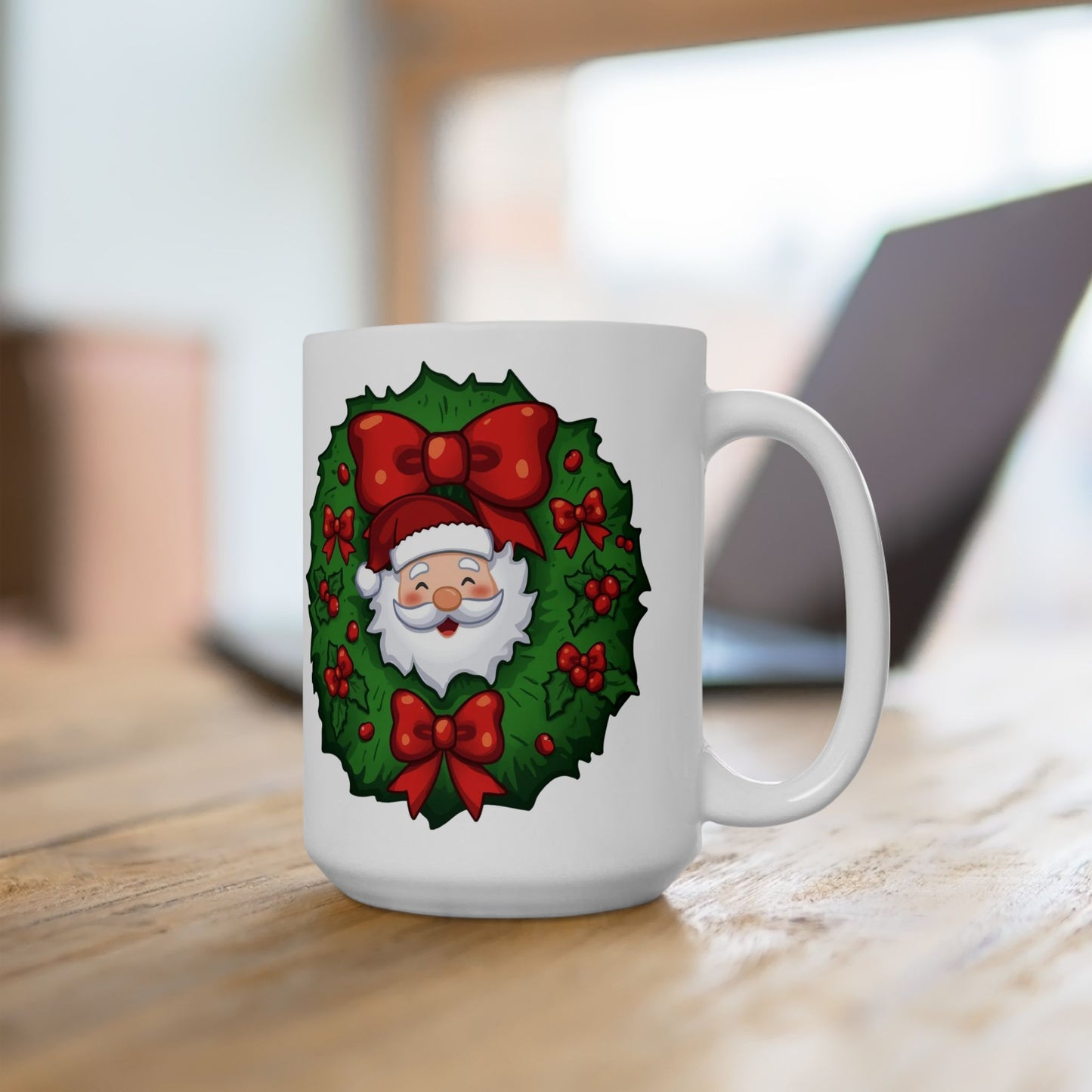 Santa in the Wreath Mug – Cute Holiday Coffee Cup, Festive Santa Ceramic Mug, Christmas Gift Idea (11oz/15oz)