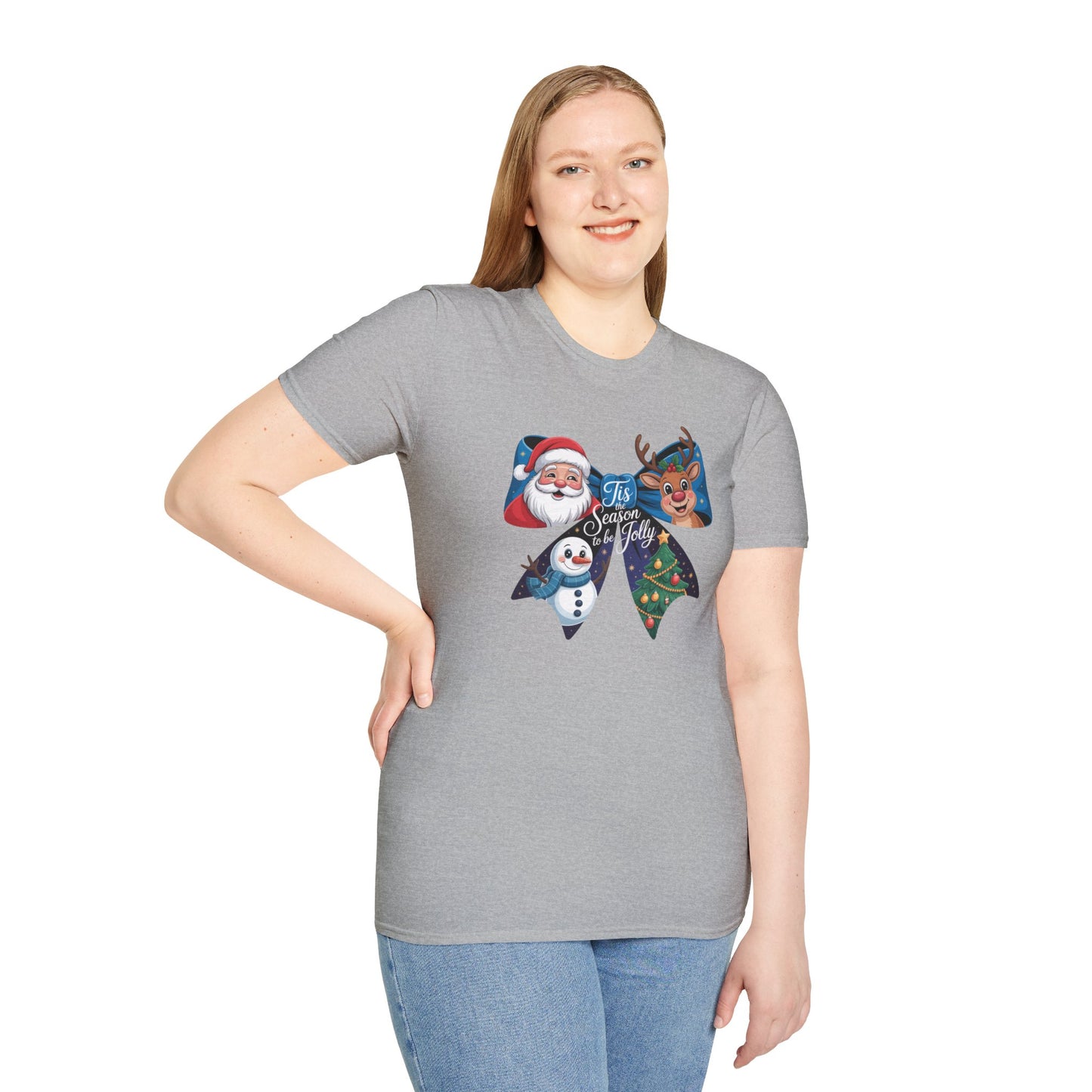 ’Tis the Season to Be Jolly Christmas T-Shirt – Cute Santa Reindeer Snowman & Christmas Tree Bow Holiday Tee