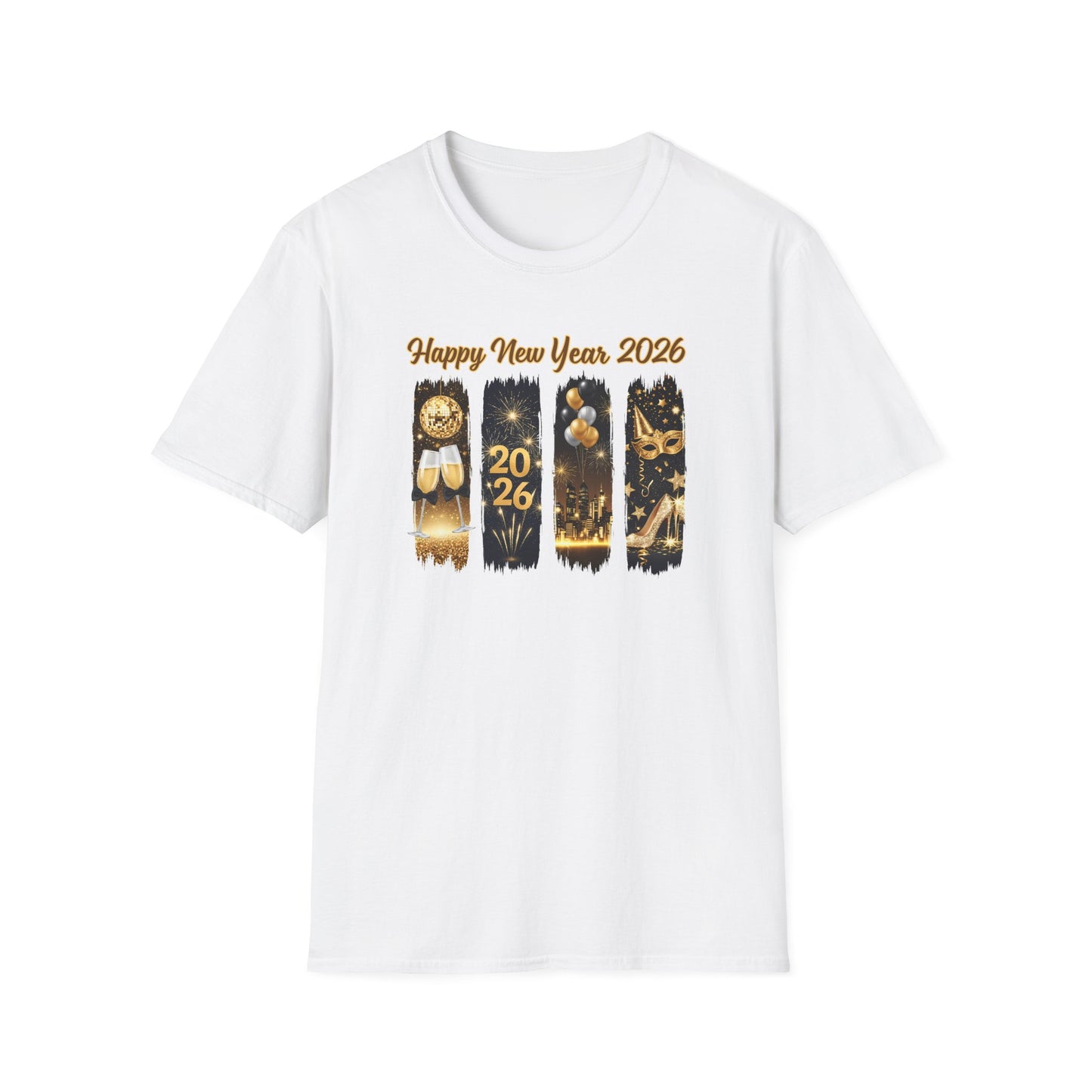 Happy New Year 2026 T-Shirt – Gold Glitter New Year’s Eve Shirt, NYE Party Tee, Celebration Fireworks Graphic Top, Champagne & City Skyline New Year Shirt