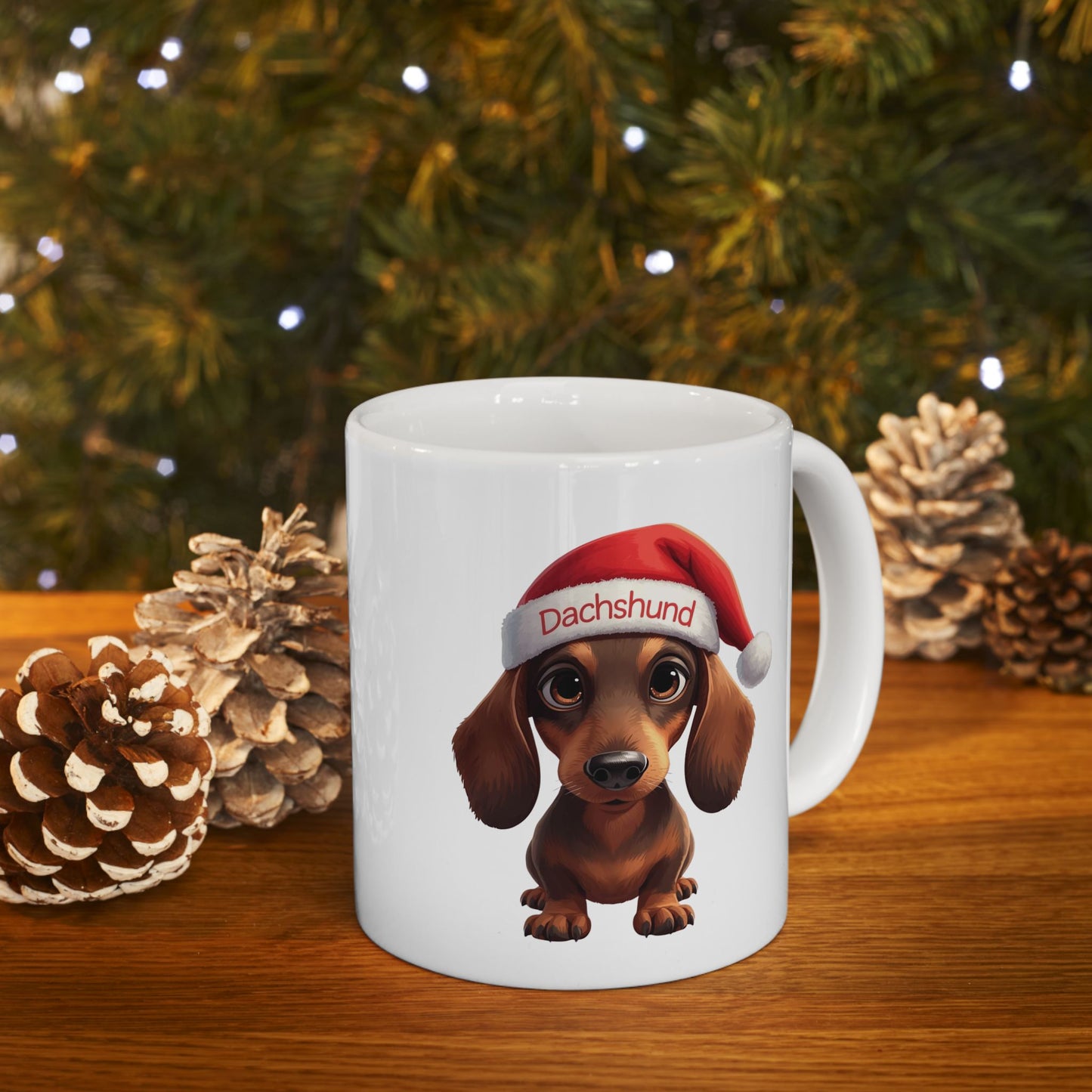 Dachshund Holiday Portrait Mug – Cute Holiday Coffee Cup, Festive Dachshund Ceramic Mug, Christmas Gift Idea (11oz/15oz)