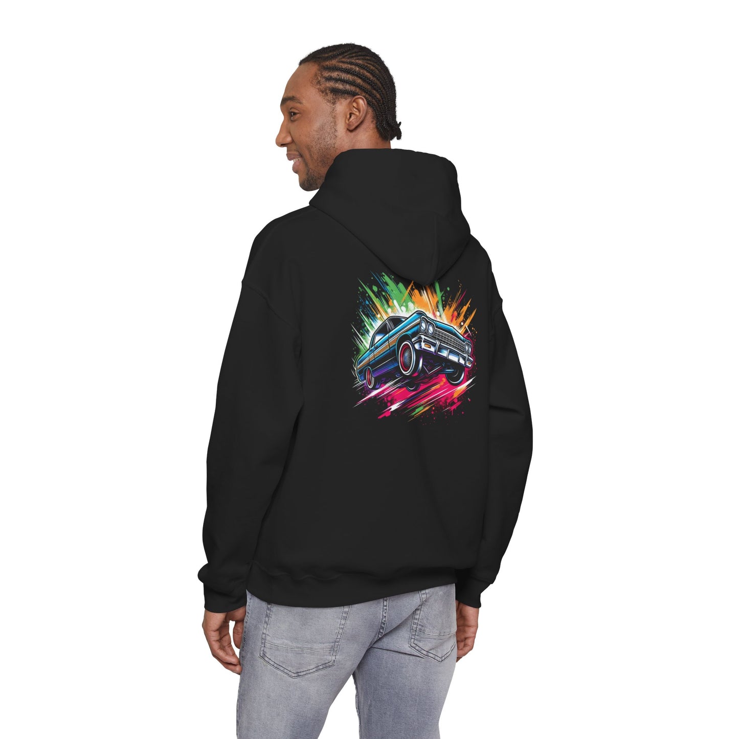 Chevy Impala Hydraulics Lowrider Colorful Drawing Graphic Hoodie - Old School Hip Hop Cholo Art Design - Chicano Car Club Graphic Hoodie