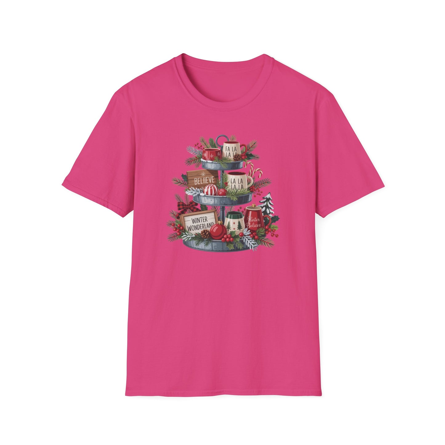 Christmas Mug Stack T-Shirt – Festive Holiday Tiered Tray Shirt with Fa La La Winter Wonderland Graphic Tee
