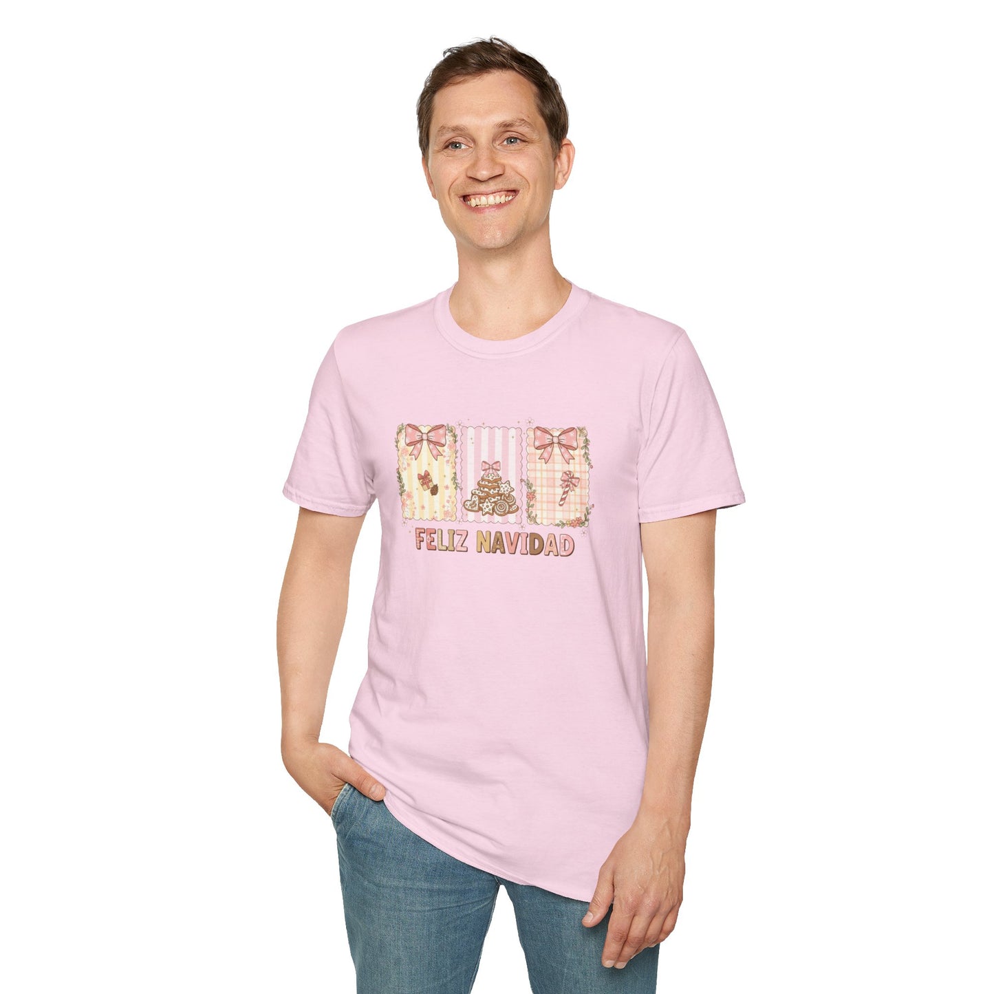 Feliz Navidad Christmas T-Shirt – Cute Pastel Holiday Tee with Bows & Gingerbread Design, Festive Spanish Christmas Shirt