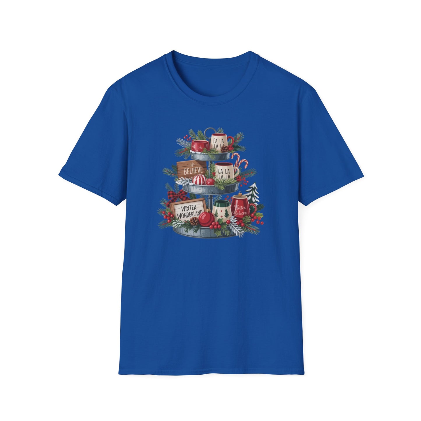 Christmas Mug Stack T-Shirt – Festive Holiday Tiered Tray Shirt with Fa La La Winter Wonderland Graphic Tee
