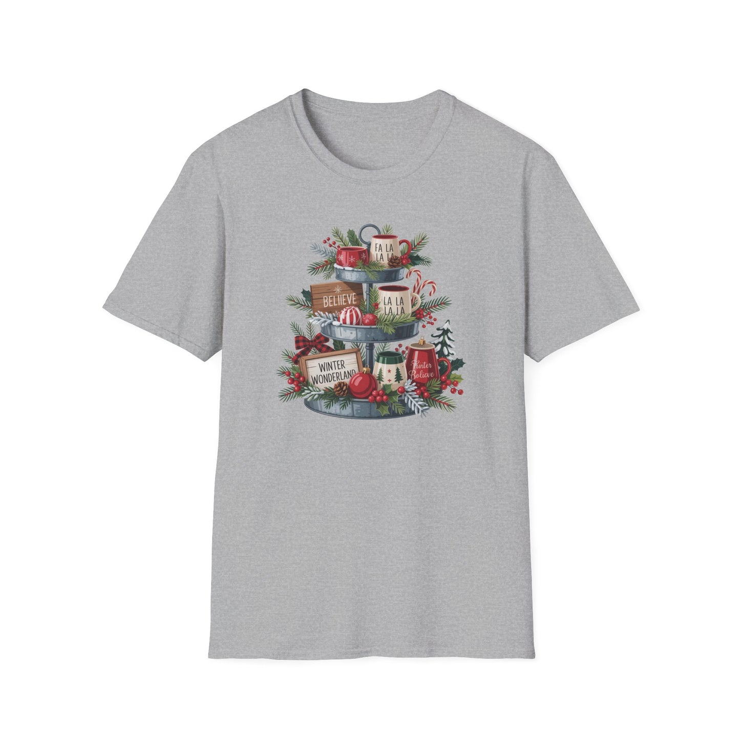 Christmas Mug Stack T-Shirt – Festive Holiday Tiered Tray Shirt with Fa La La Winter Wonderland Graphic Tee