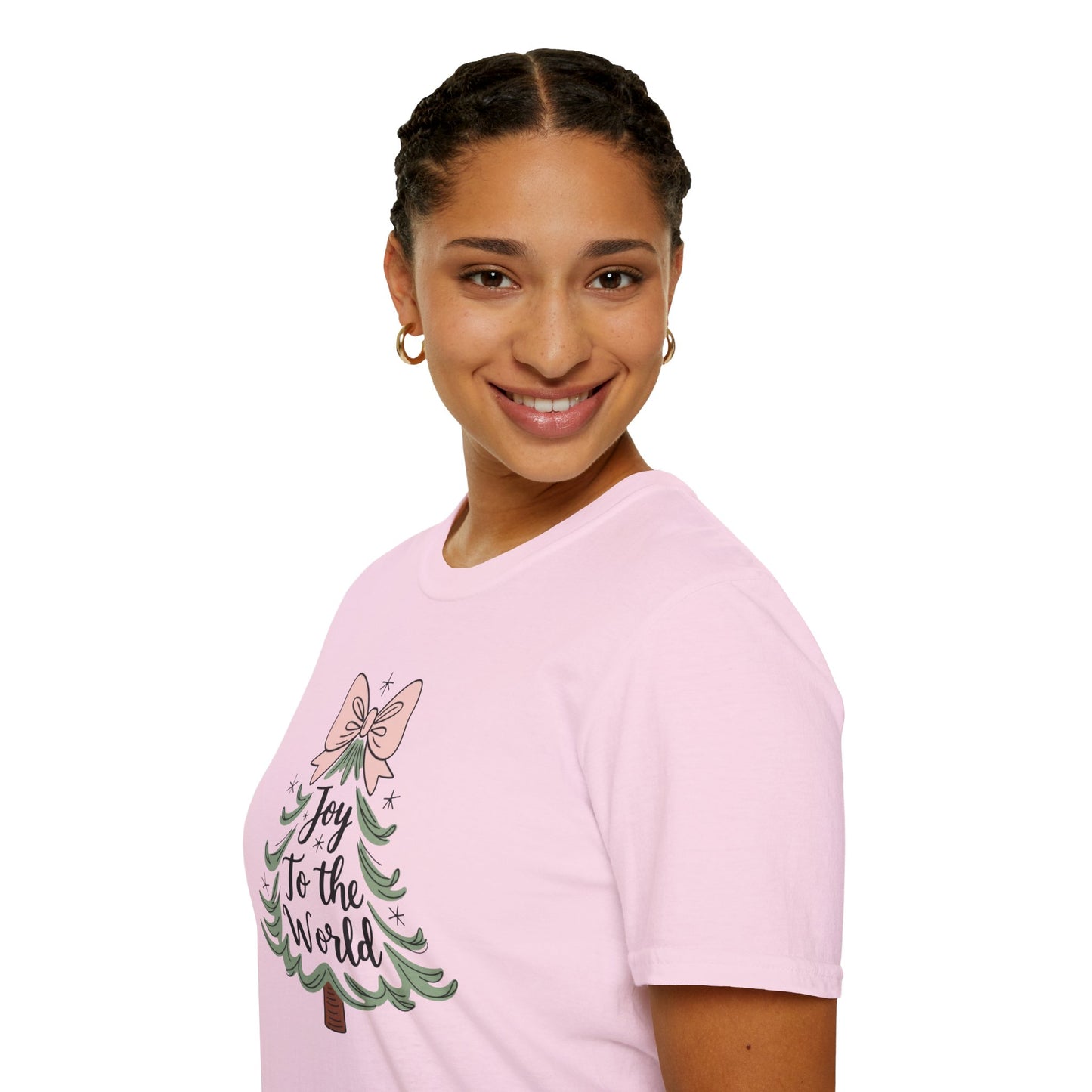 Joy to the World Christmas T-Shirt – Cute Pastel Bow Christmas Tree Tee, Festive Holiday Graphic Shirt for Women
