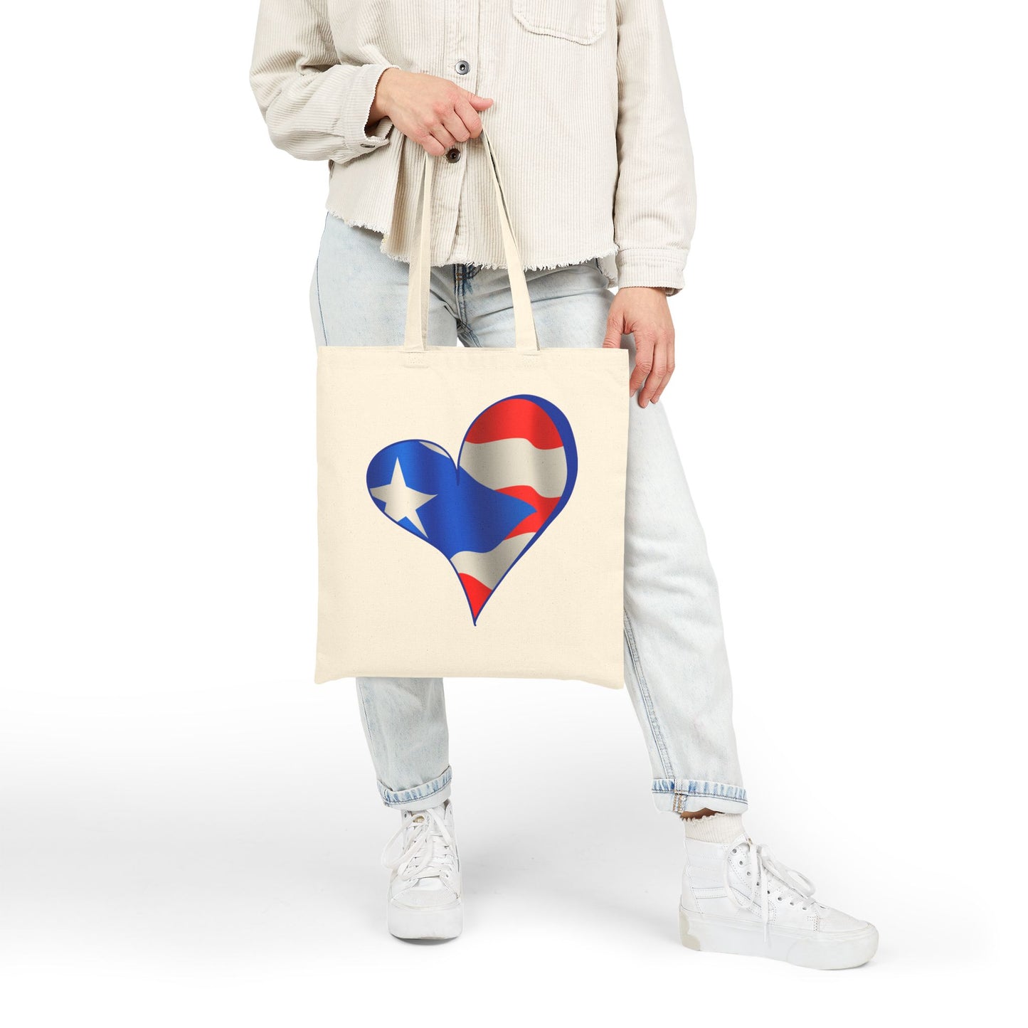 Puerto Rico Flag Heart Tote Bag, Cotton Canvas Grocery Shopping Beach Handbag, Boricua Pride Gift, Patriotic Shoulder Bag