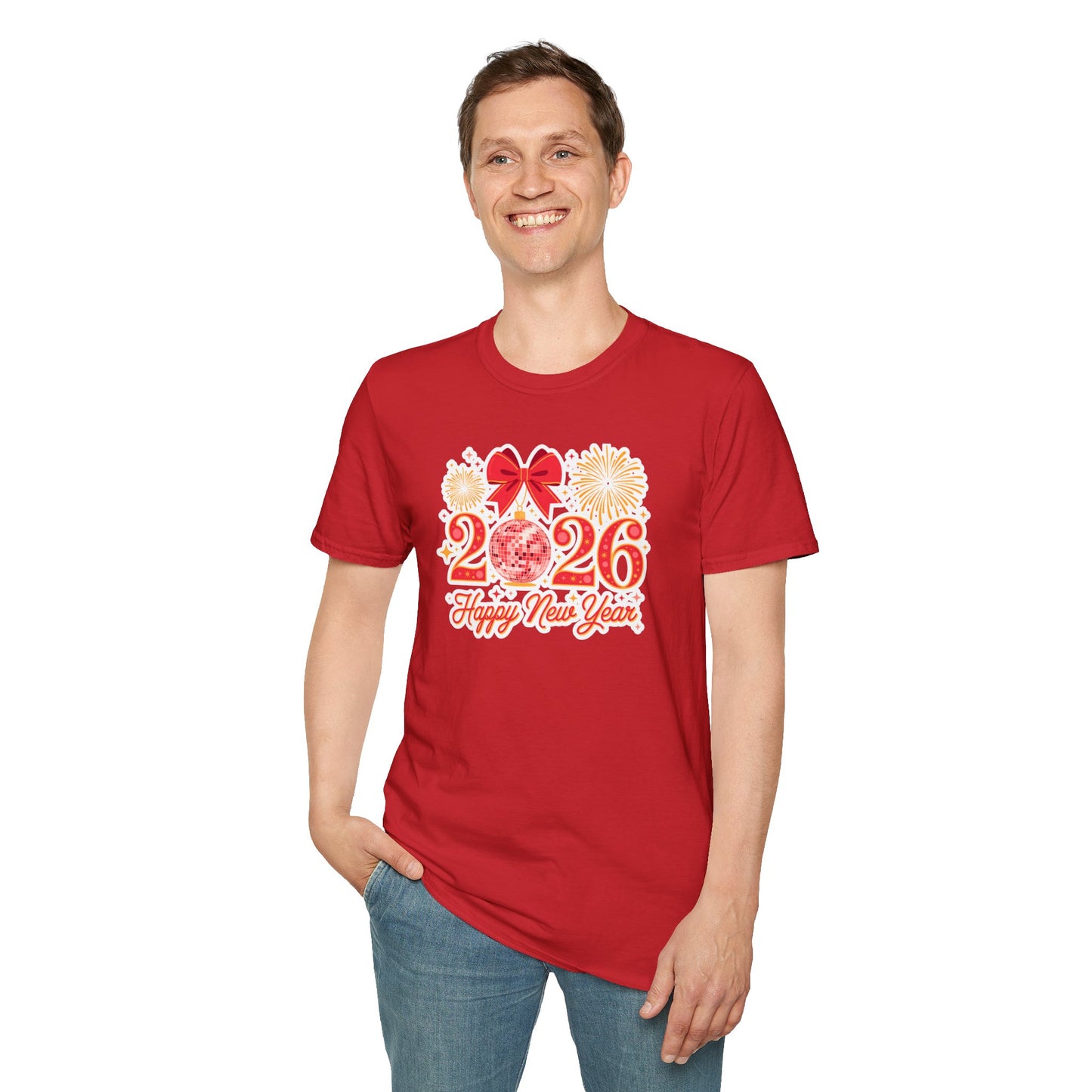 Happy New Year 2026 T-Shirt – Red & Gold Disco Ball New Year Shirt, Festive Bow and Fireworks 2026 NYE Tee, Holiday Celebration Party Top